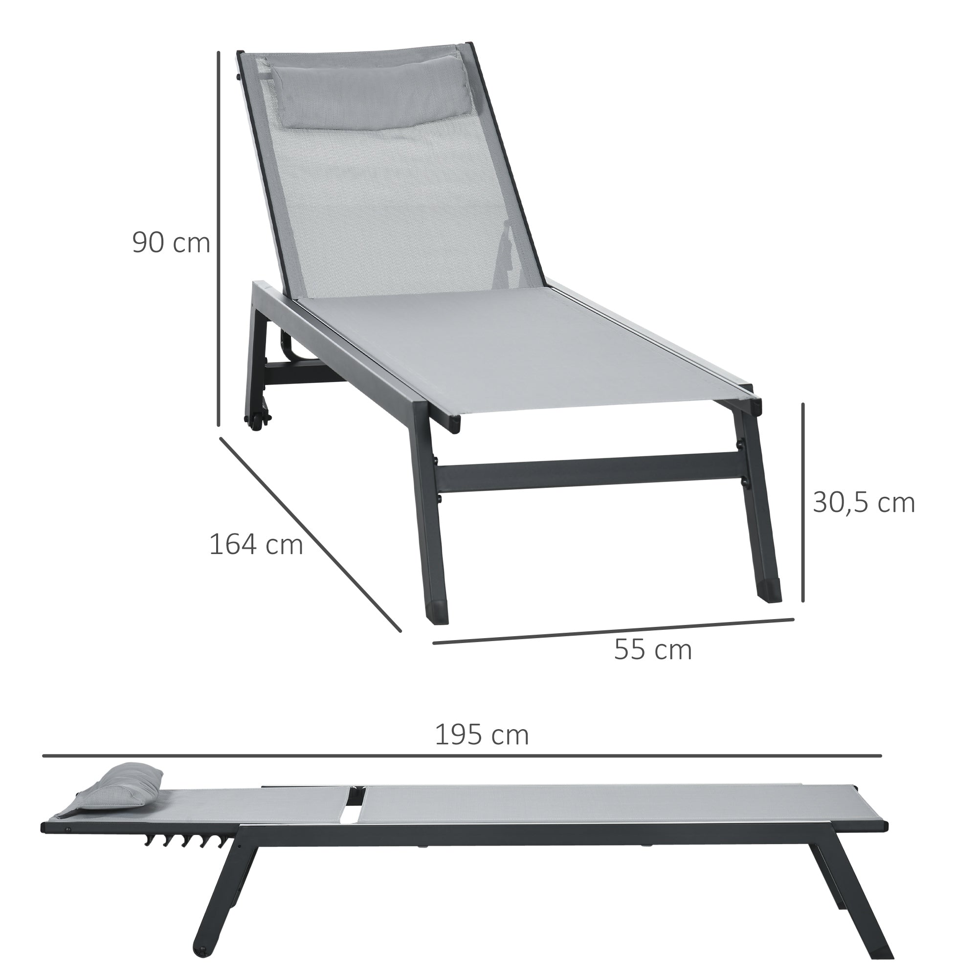 Aluminum and Textilene Sun Lounger with Wheels and Adjustable Multi-Position Backrest Light Gray