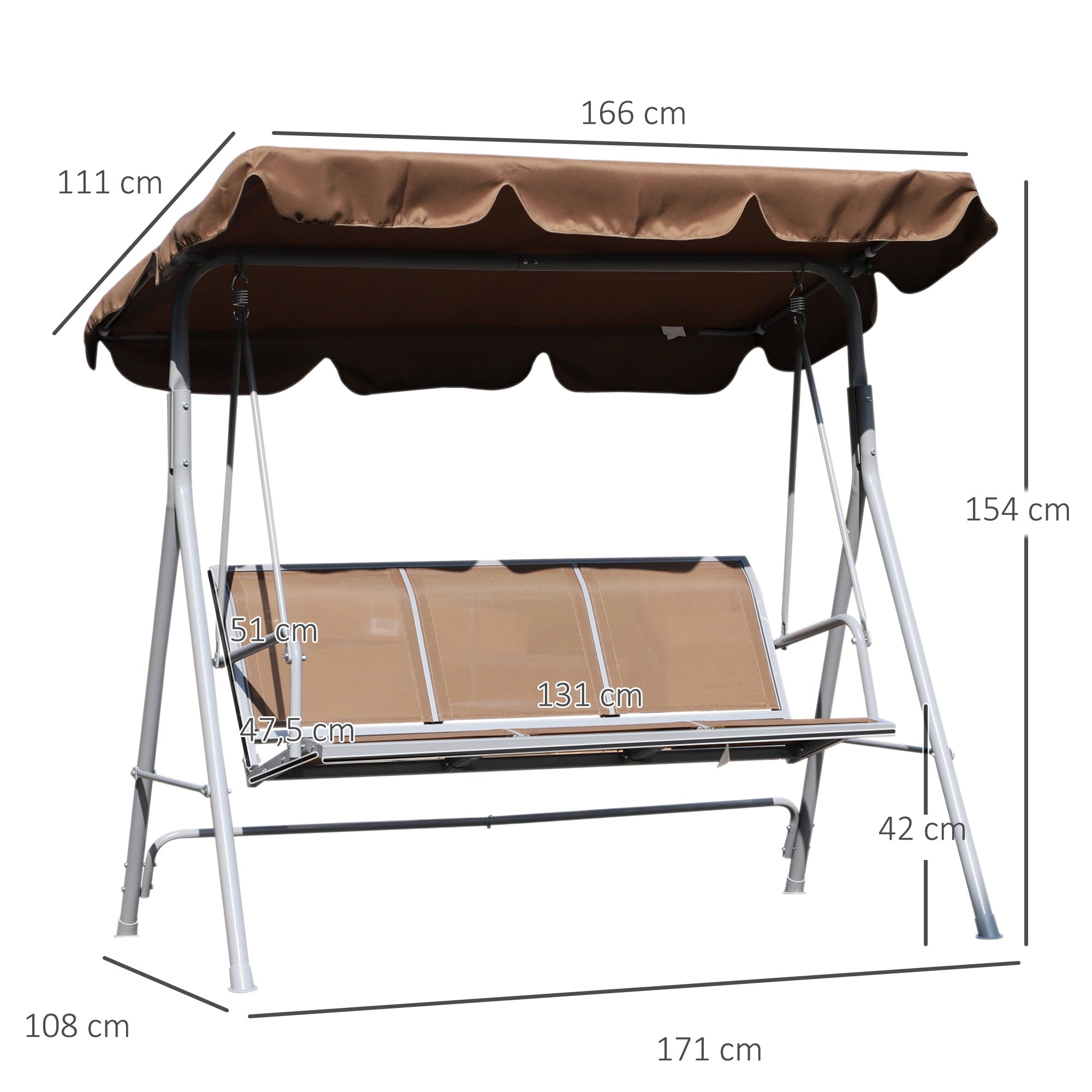 Garden Swing 3-Seater Outdoor Swing with Adjustable Canopy Breathable Backrest and Metal Frame for Terrace Balcony Load 529 lbs 67.3x42.5x60.6 inches Brown