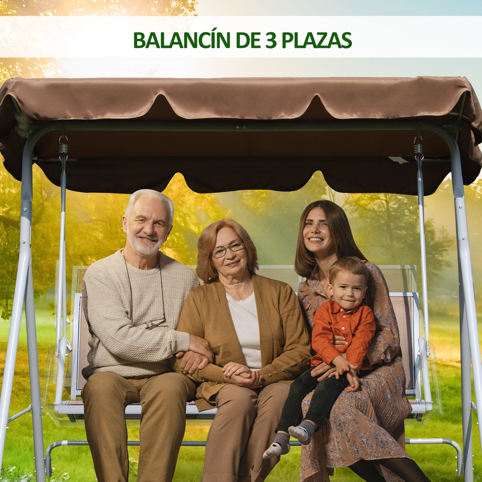 Garden Swing 3-Seater Outdoor Swing with Adjustable Canopy Breathable Backrest and Metal Frame for Terrace Balcony Load 529 lbs 67.3x42.5x60.6 inches Brown