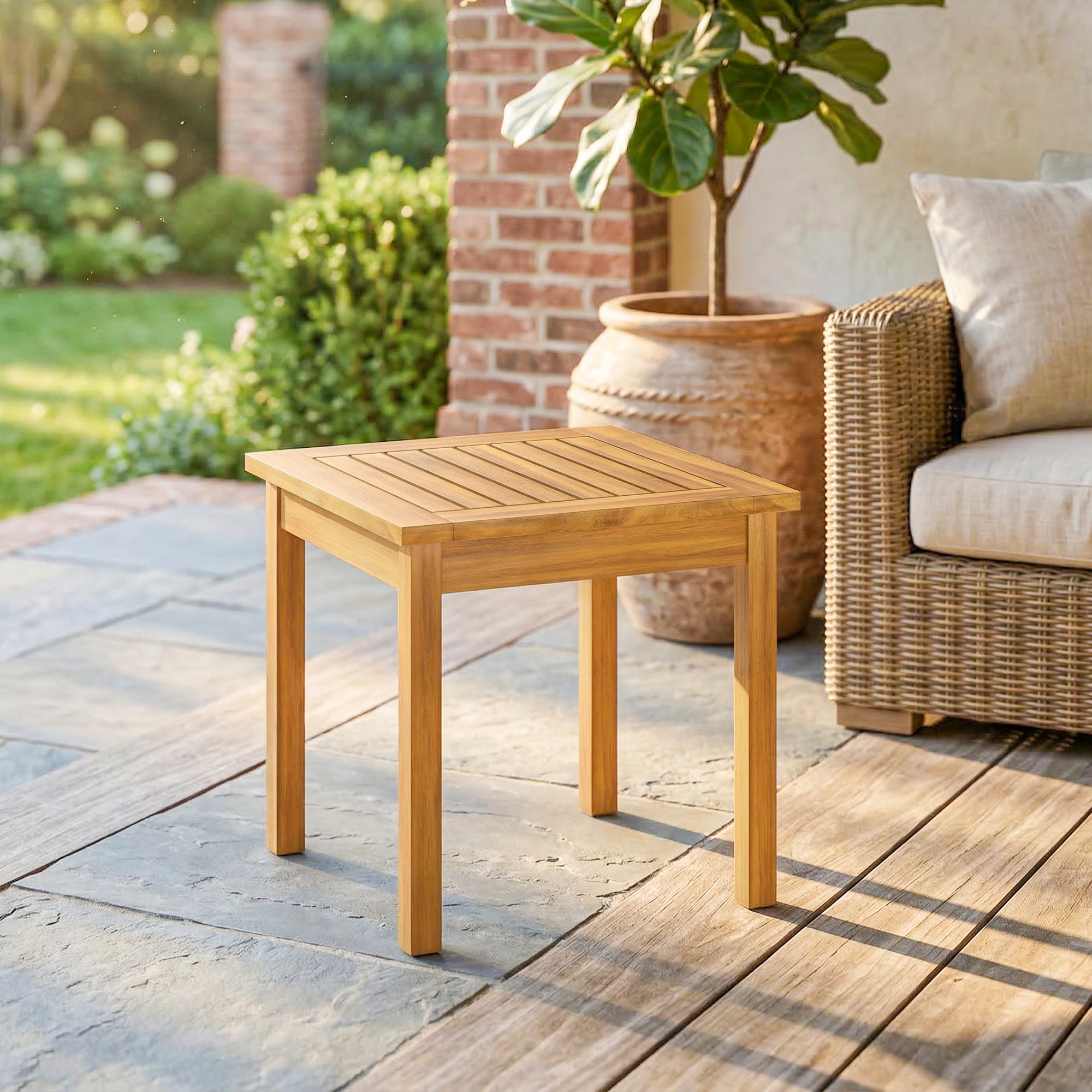 Square Side Table 48 x 48 x 46 cm (19 x 19 x 18.1 in), Weatherproof Acacia Wood Garden Table with Slatted Top and Adjustable Feet, Holds 30 kg (66 lb)
