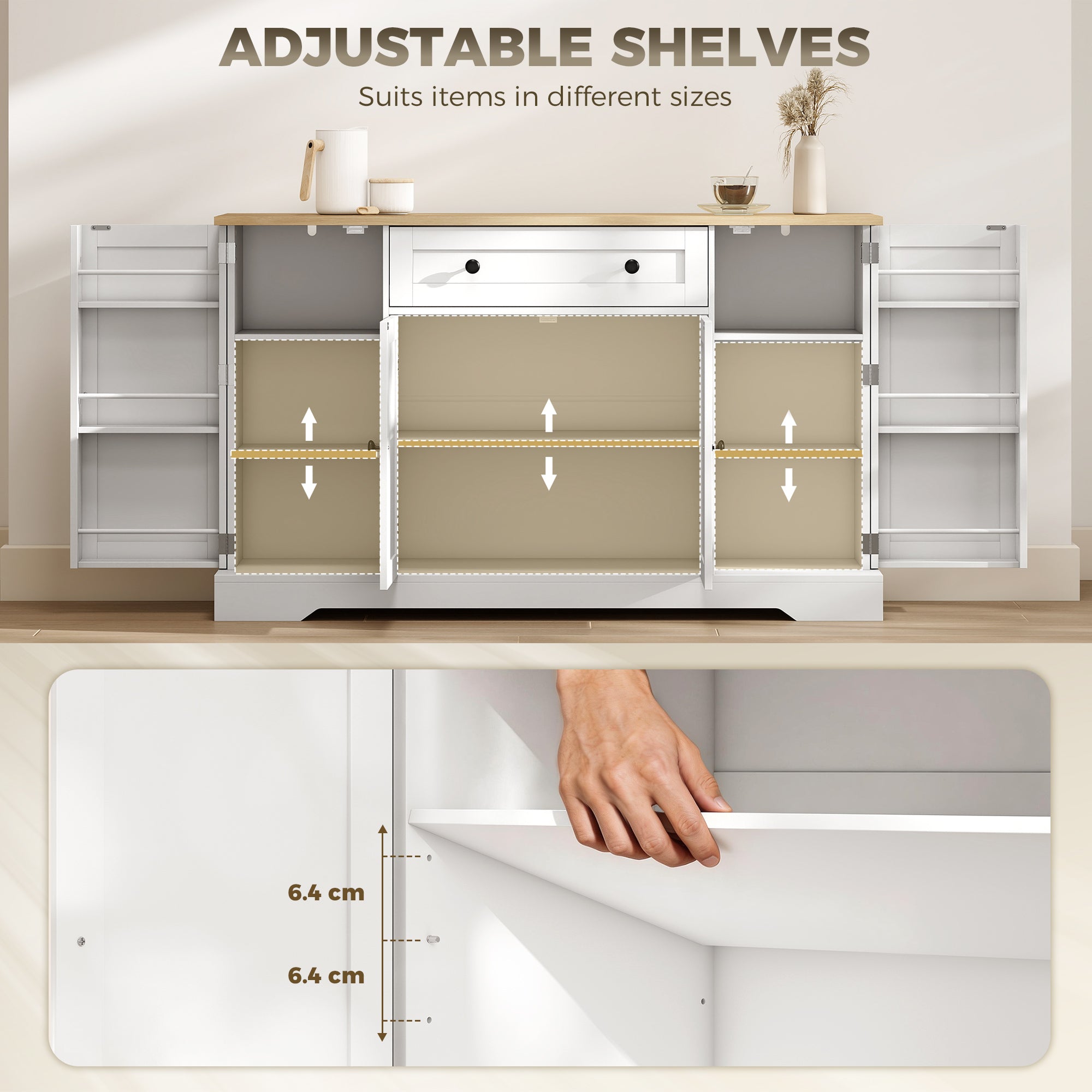 Sideboard Kitchen Cabinet with 4 Doors & Drawer, Adjustable Shelves, Door Racks Buffet Cabinet for Kitchen, Dining Room, Living Room, 138 x 40 x 85 cm (54.3" x 15.7" x 33.5"), White
