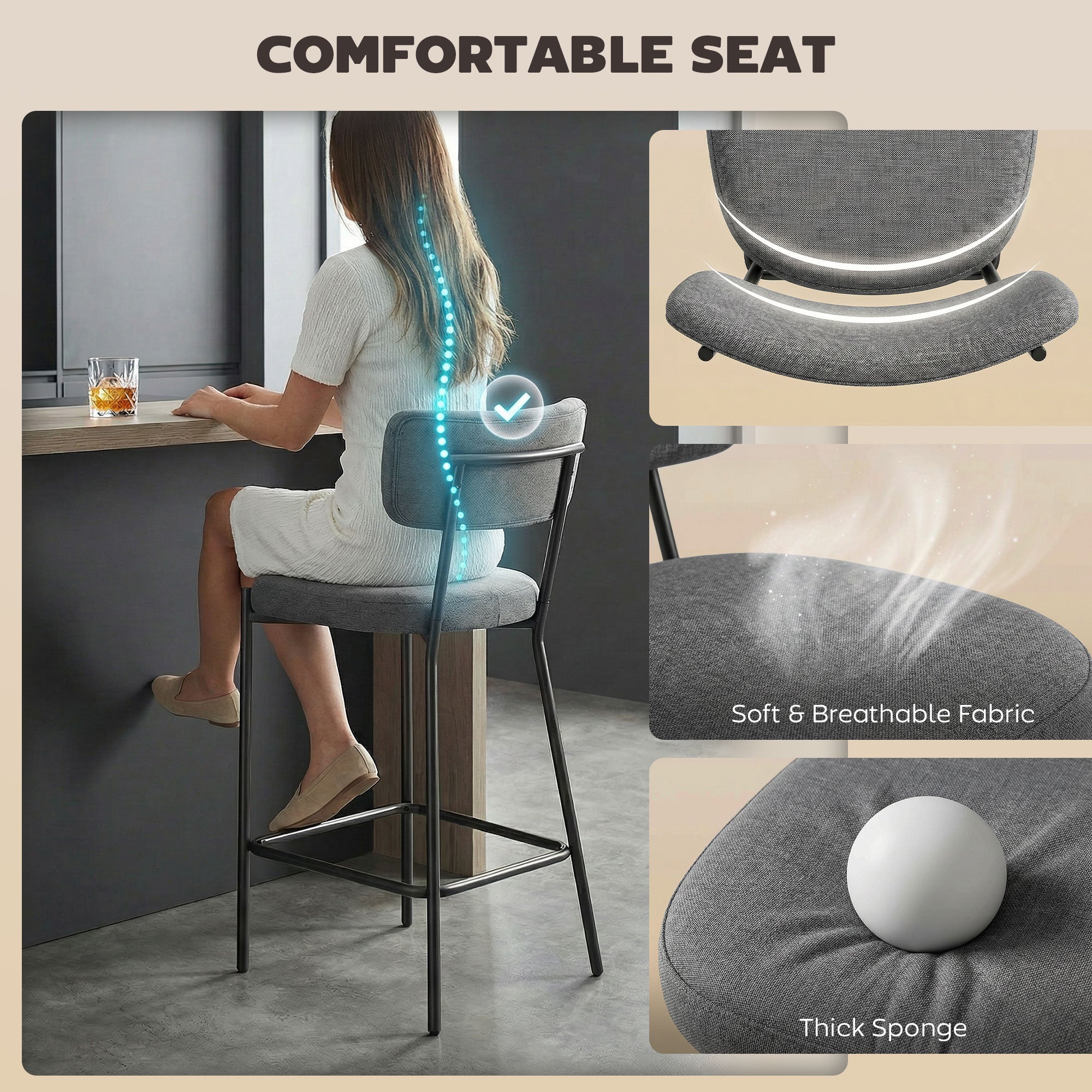 2-Piece Bar Stool Set — Upholstered Curved-Back Counter Stools with Footrest, Metal Frame, Linen-Look, 25" Seat Height, Gray