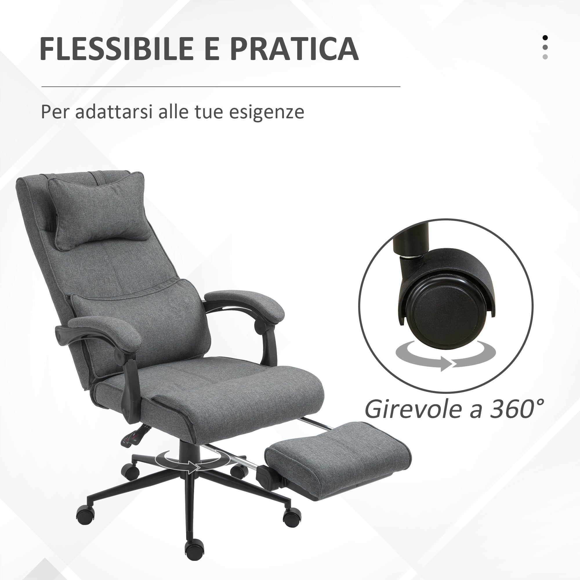 Ergonomic and Padded Office Chair with Adjustable Height, Study Chair with Armrests, Headrest, Footrest, and 5 Wheels, 66x69x115-123cm, Grey