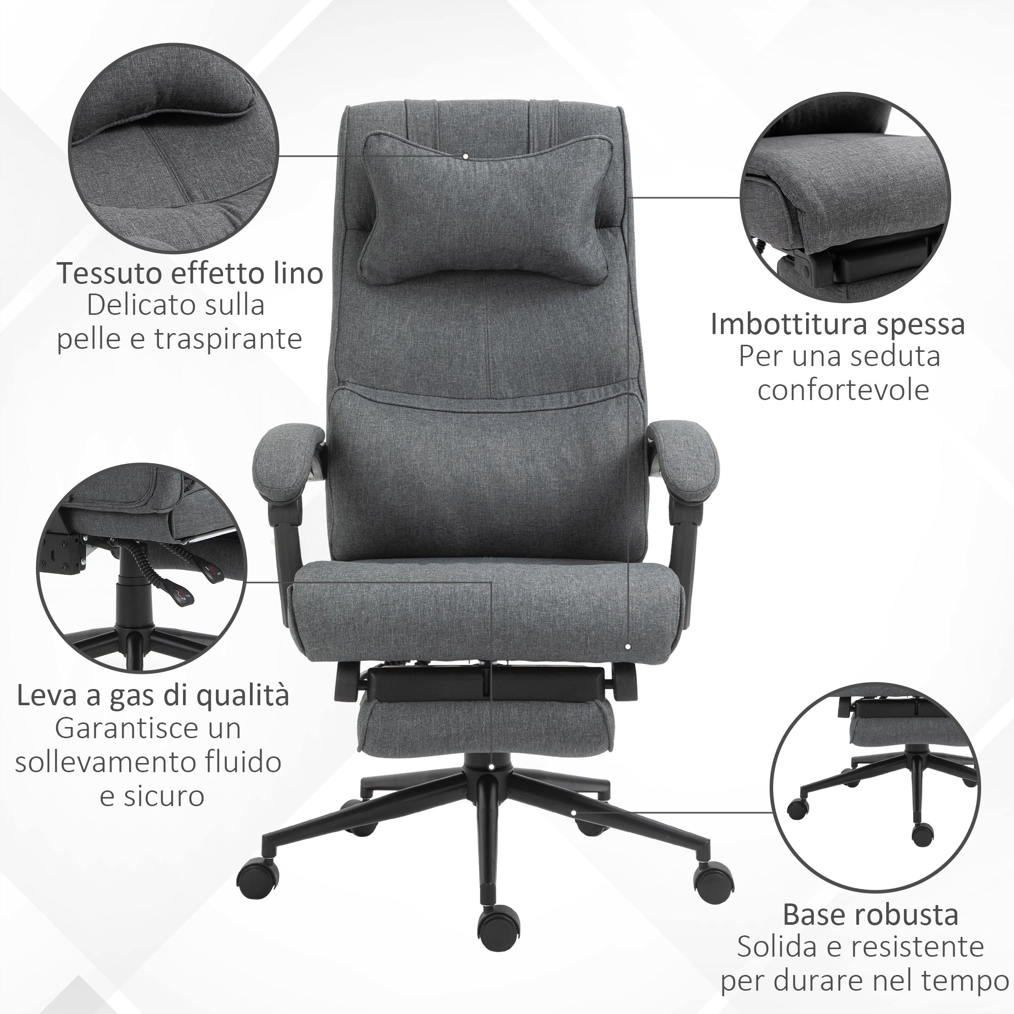 Ergonomic and Padded Office Chair with Adjustable Height, Study Chair with Armrests, Headrest, Footrest, and 5 Wheels, 66x69x115-123cm, Grey