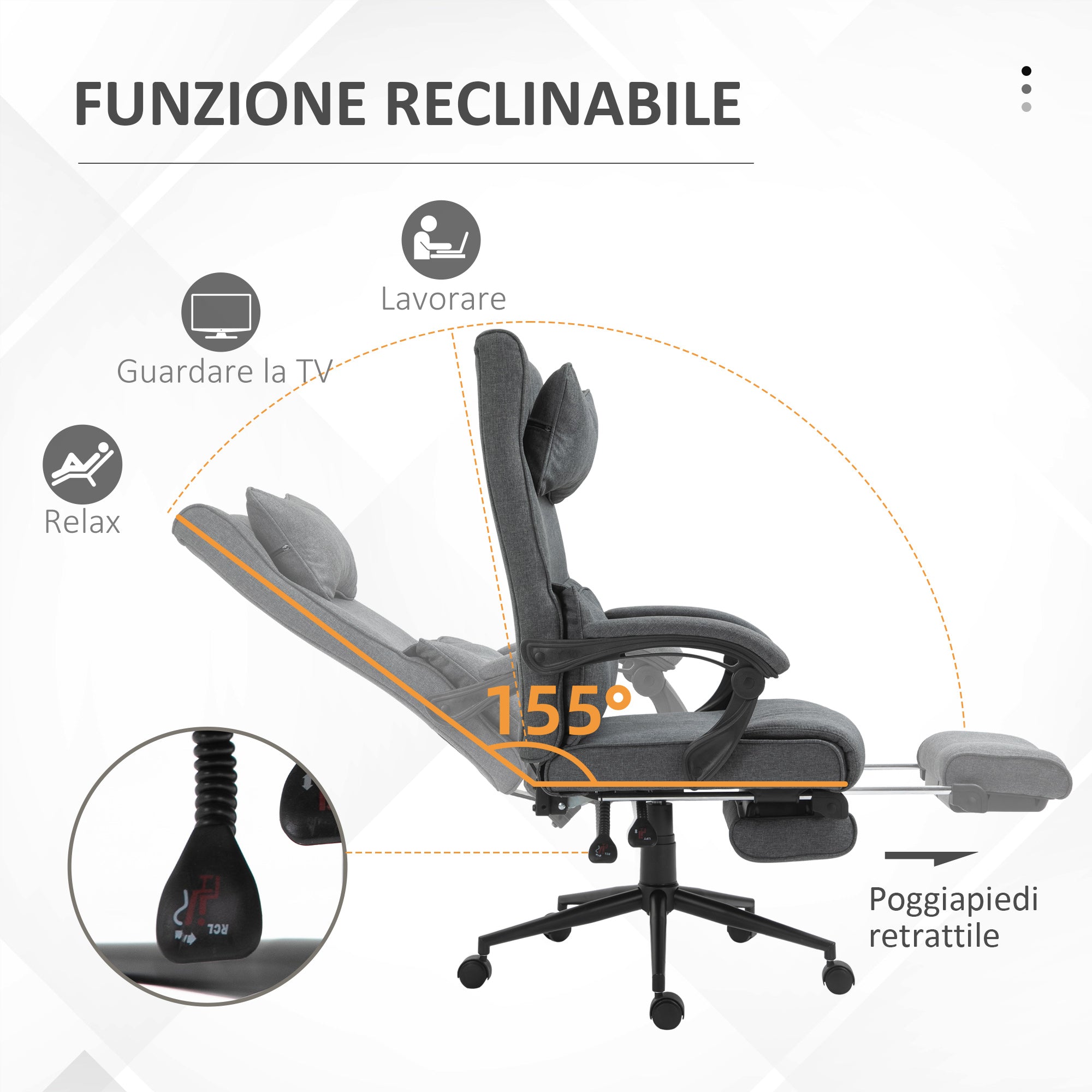 Ergonomic and Padded Office Chair with Adjustable Height, Study Chair with Armrests, Headrest, Footrest, and 5 Wheels, 66x69x115-123cm, Grey