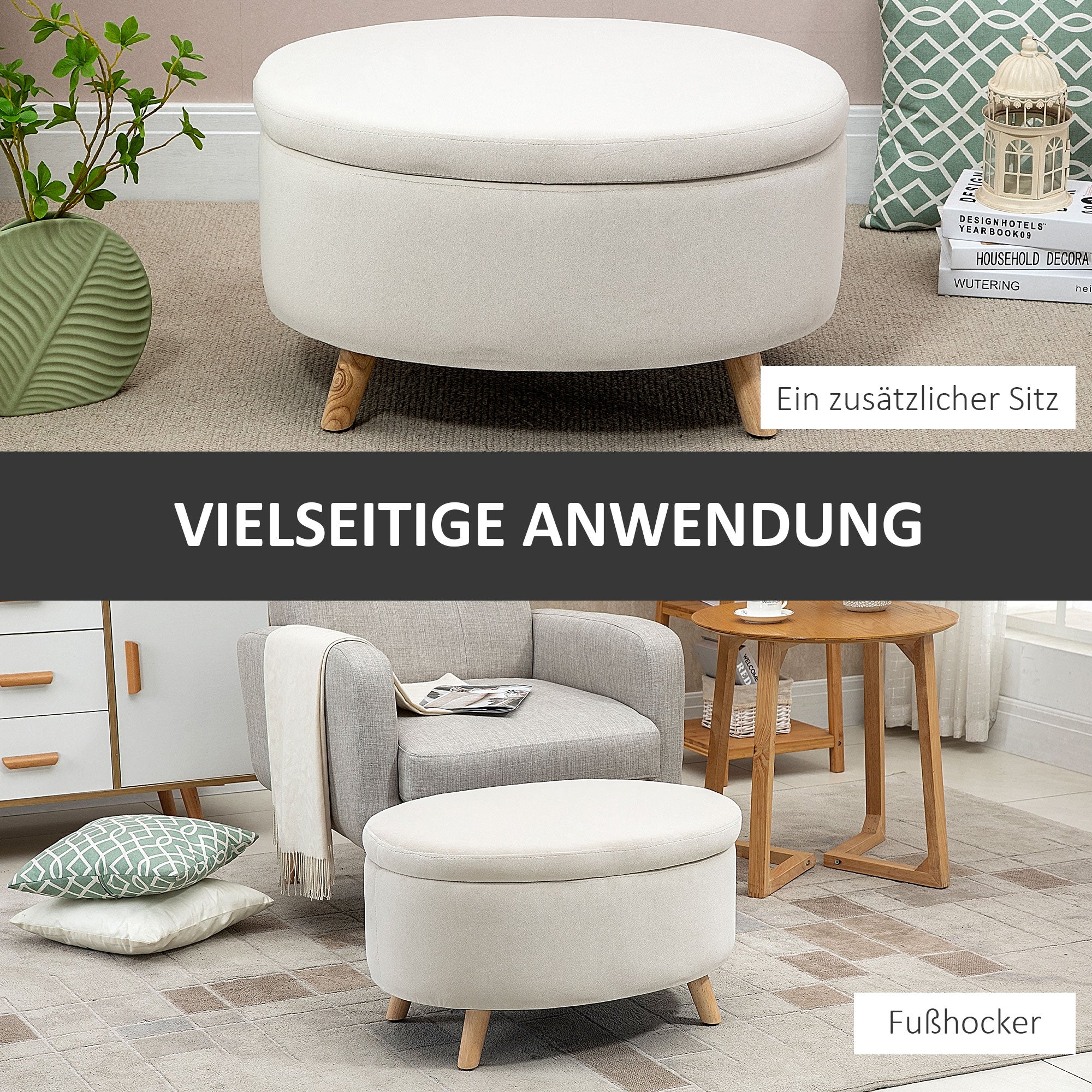 Ottoman with Storage, Oval Ottoman with Lid, Bed Ottoman with Velvet Look, for Hallway Bedroom Living Room, Wooden Legs 71 x 51.5 x 42 cm Beige