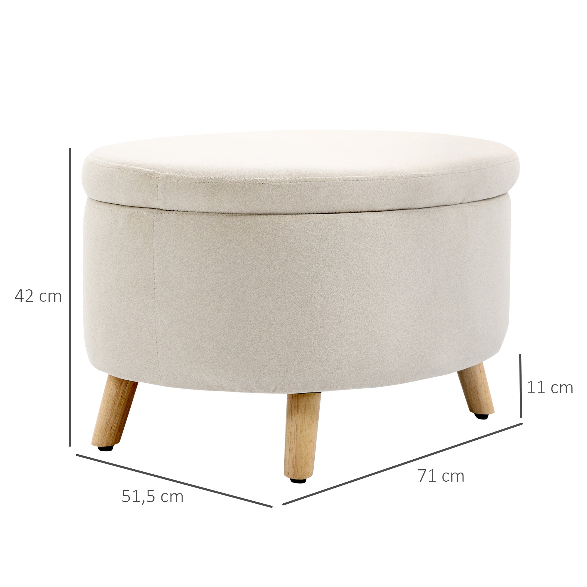 Ottoman with Storage, Oval Ottoman with Lid, Bed Ottoman with Velvet Look, for Hallway Bedroom Living Room, Wooden Legs 71 x 51.5 x 42 cm Beige