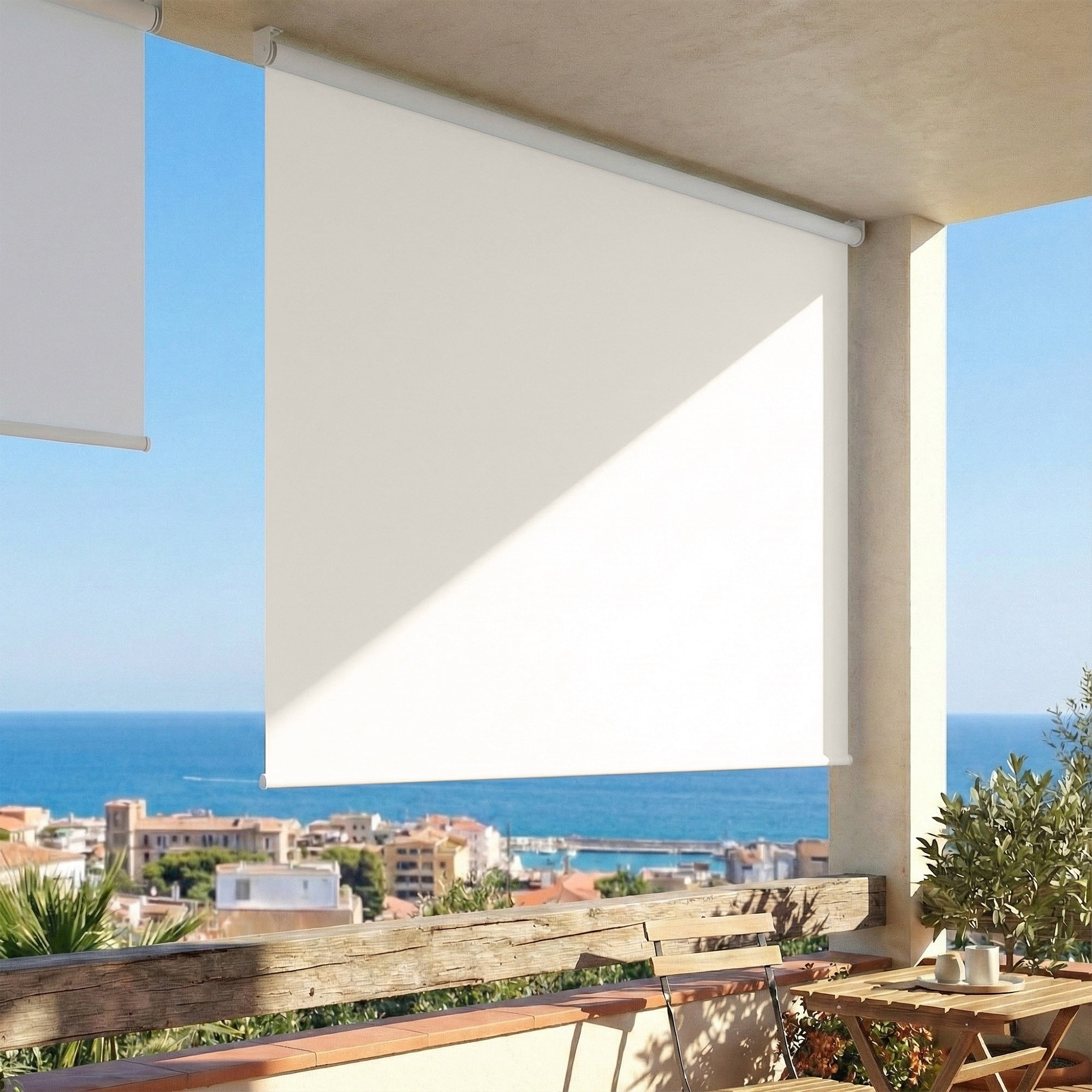 Outdoor Roller Blind 2.4 x 1.6 m — Blackout Retractable Privacy Shade, Waterproof, Aluminum Frame & 180 g/m² Polyester UPF30+, Cream