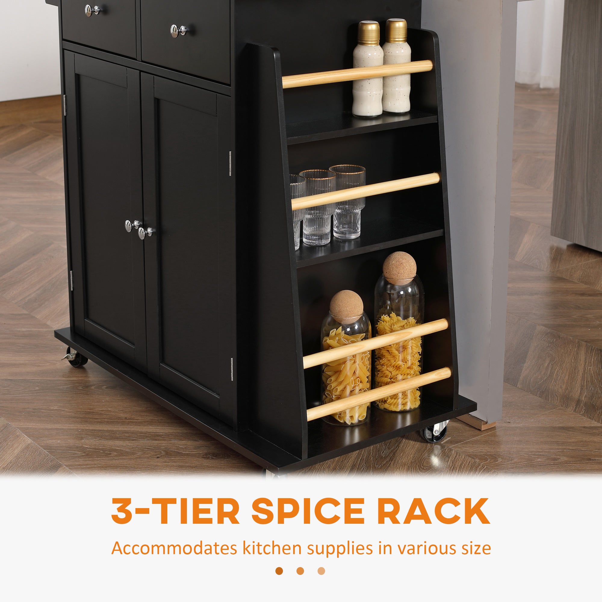 Kitchen Trolley with Worktop Shelf Bottle Holder Towel Holder 2 Drawers Cupboard 2 Doors MDF Black Hevea