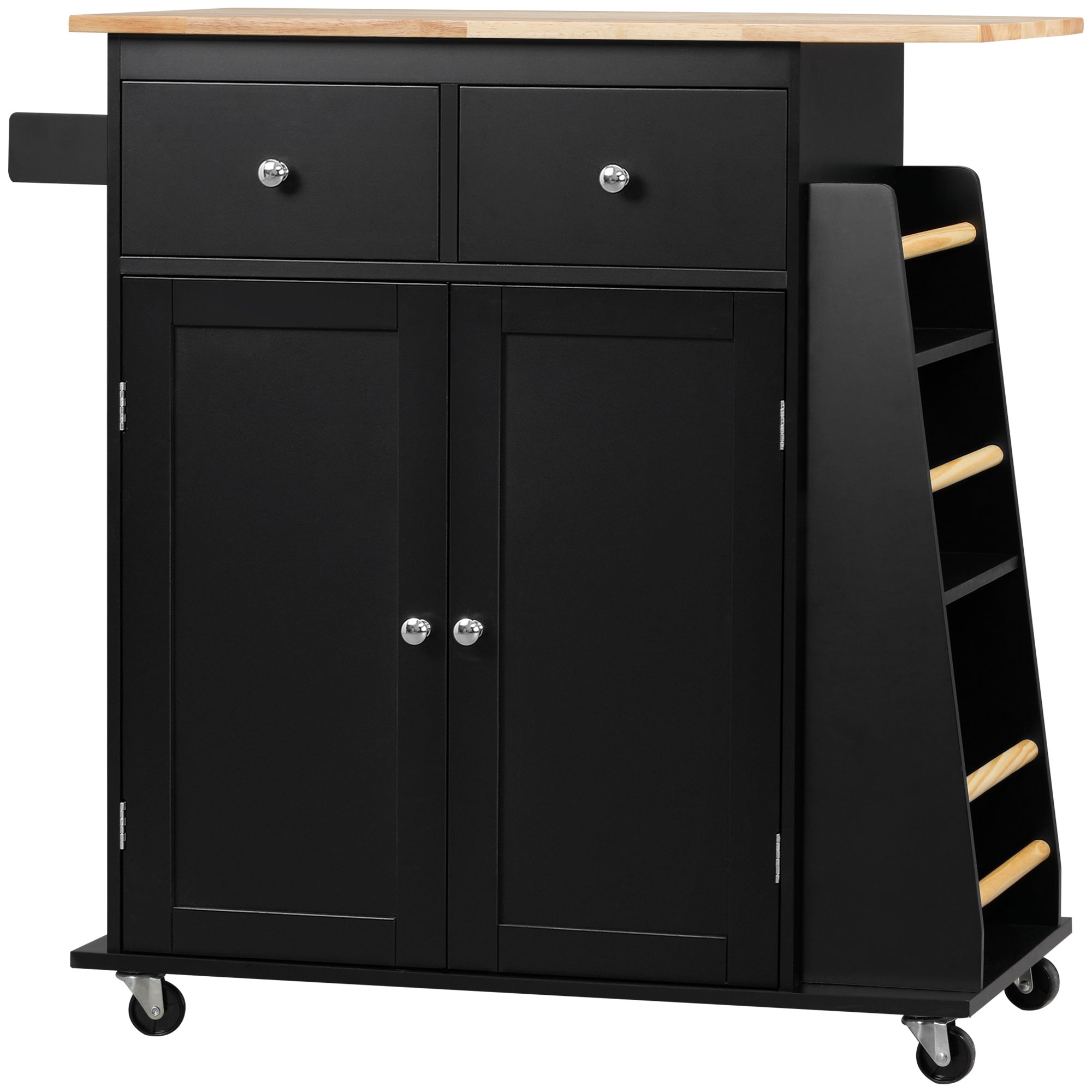 Kitchen Trolley with Worktop Shelf Bottle Holder Towel Holder 2 Drawers Cupboard 2 Doors MDF Black Hevea