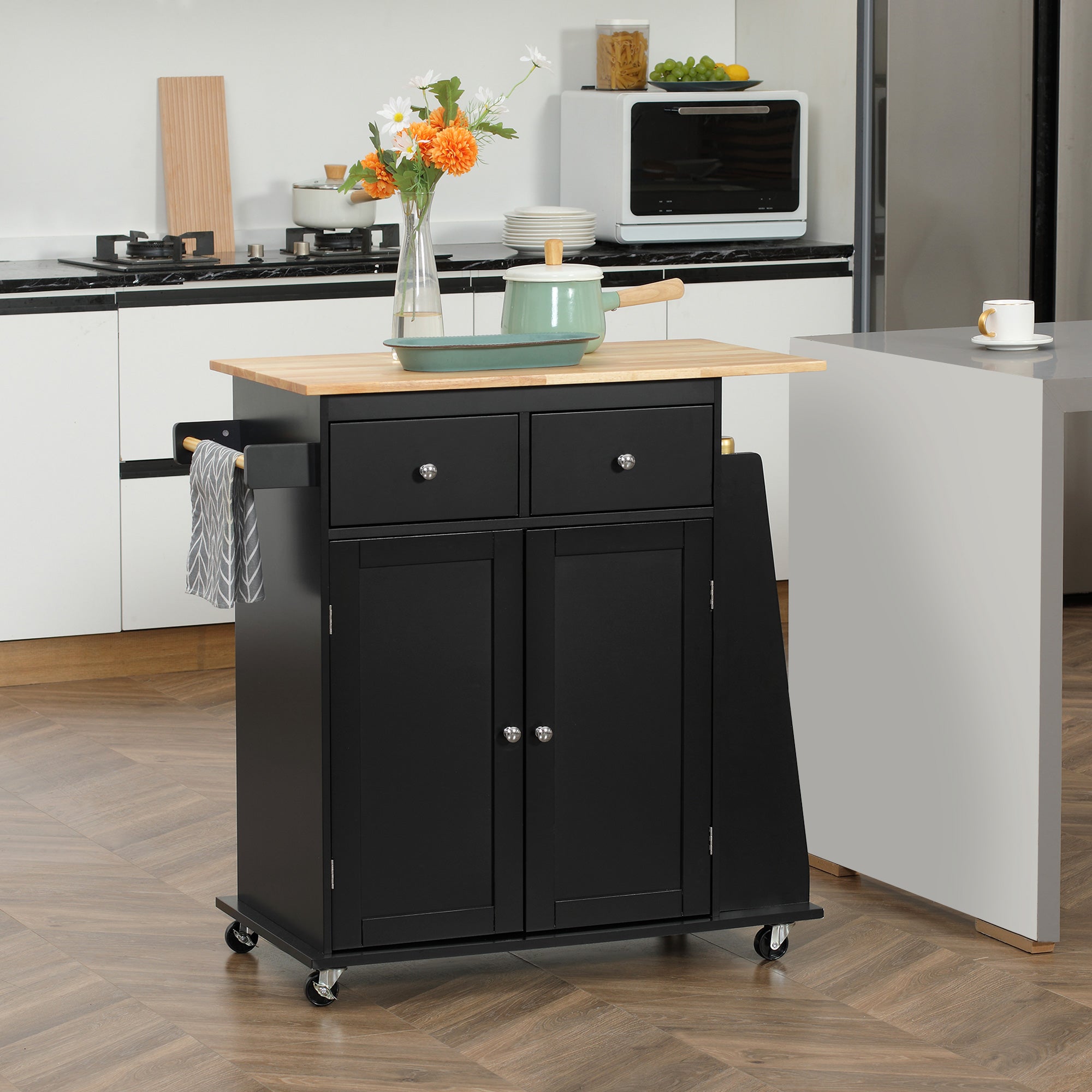 Kitchen Trolley with Worktop Shelf Bottle Holder Towel Holder 2 Drawers Cupboard 2 Doors MDF Black Hevea