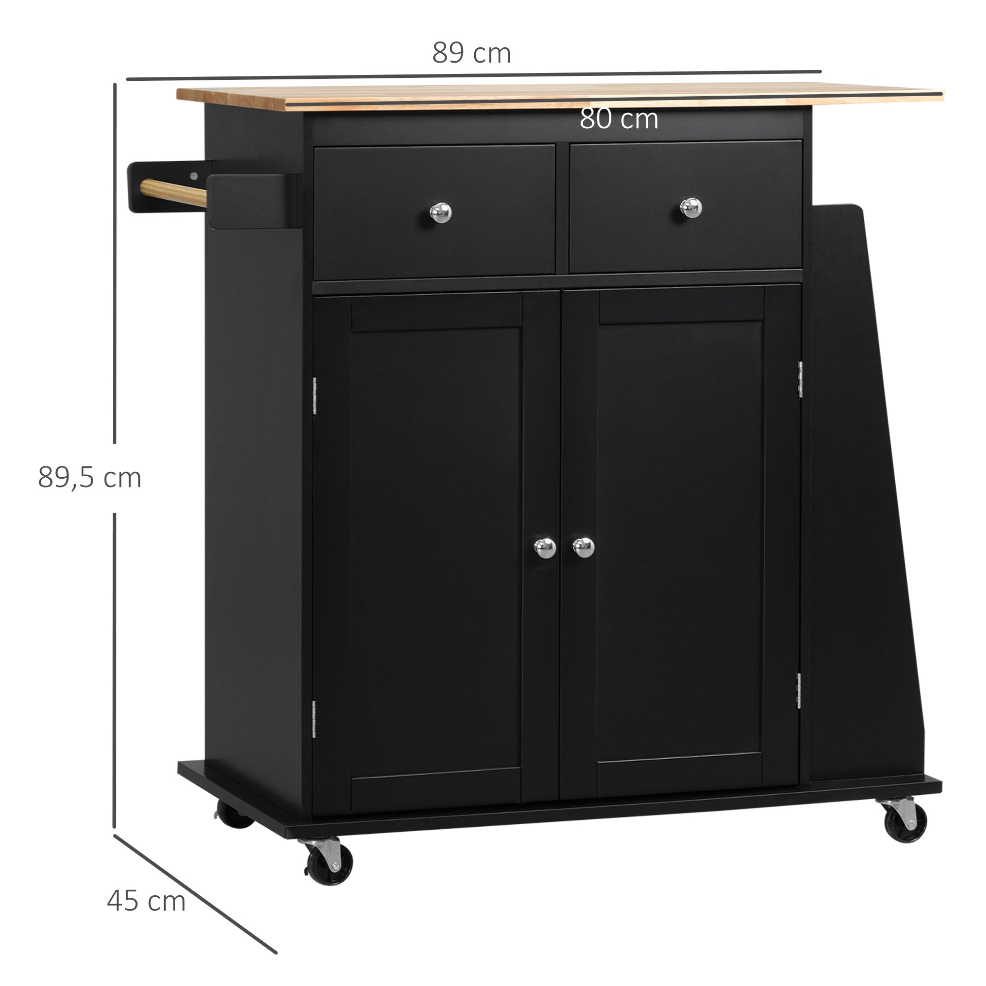 Kitchen Trolley with Worktop Shelf Bottle Holder Towel Holder 2 Drawers Cupboard 2 Doors MDF Black Hevea