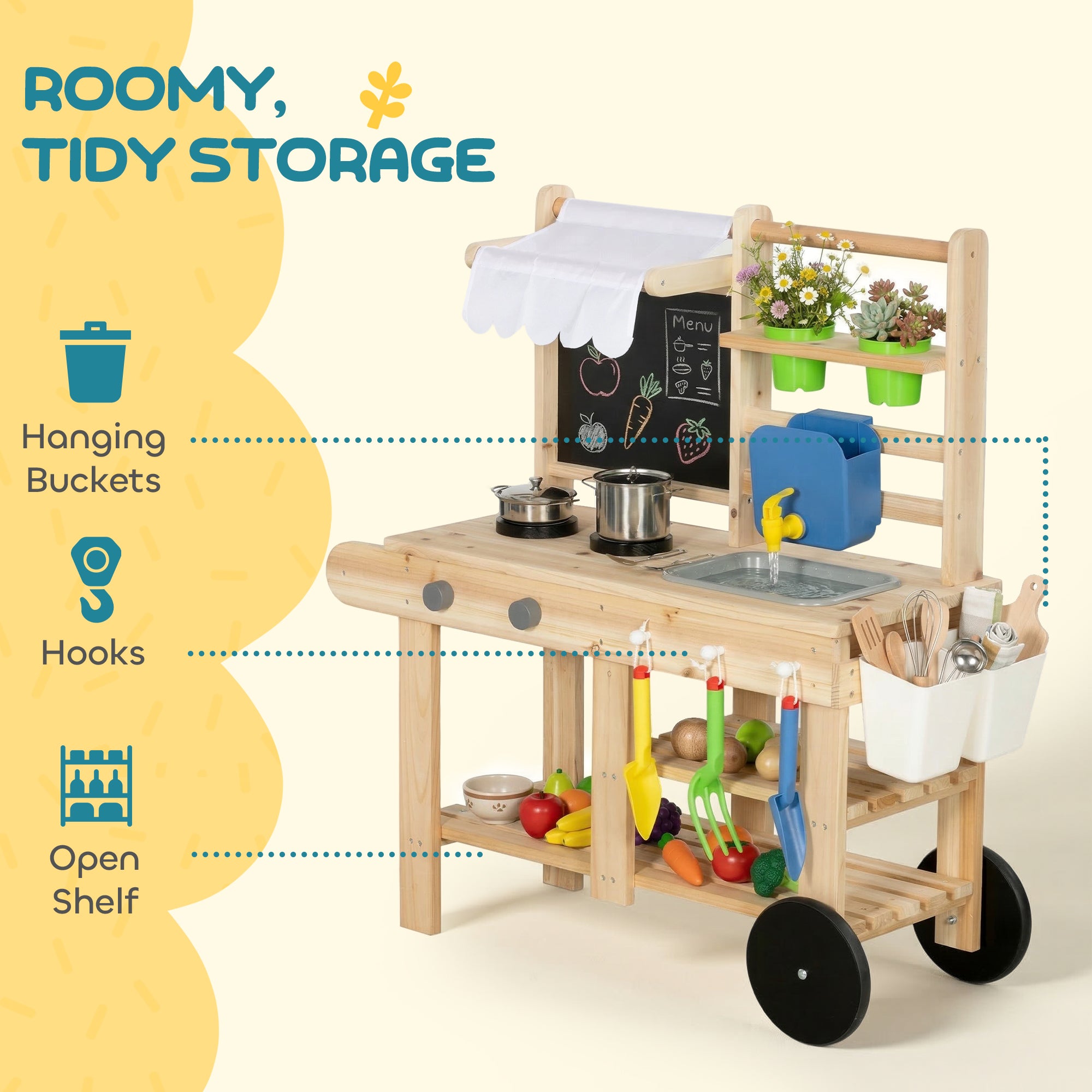 Outdoor Mud Kitchen for Kids — Wooden Play Kitchen with Real Faucet, Sink, Stove, Storage Shelf & Water Tank, Natural Wood — Ages 3+