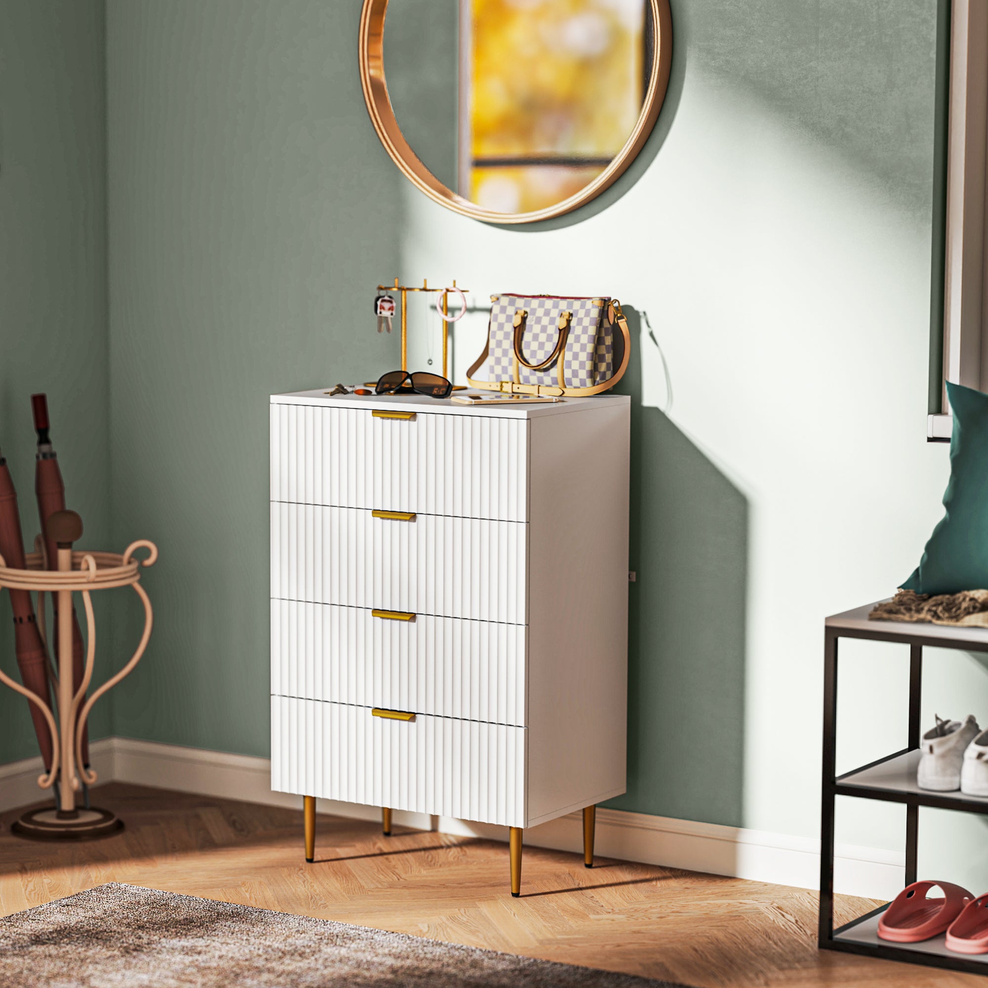 Chest of Drawers 4 Drawers Bedroom Chest Modern Storage Furniture with Handles and Golden Feet, for Bedroom, Living Room, Dimensions 60 x 40 x 96 cm, White
