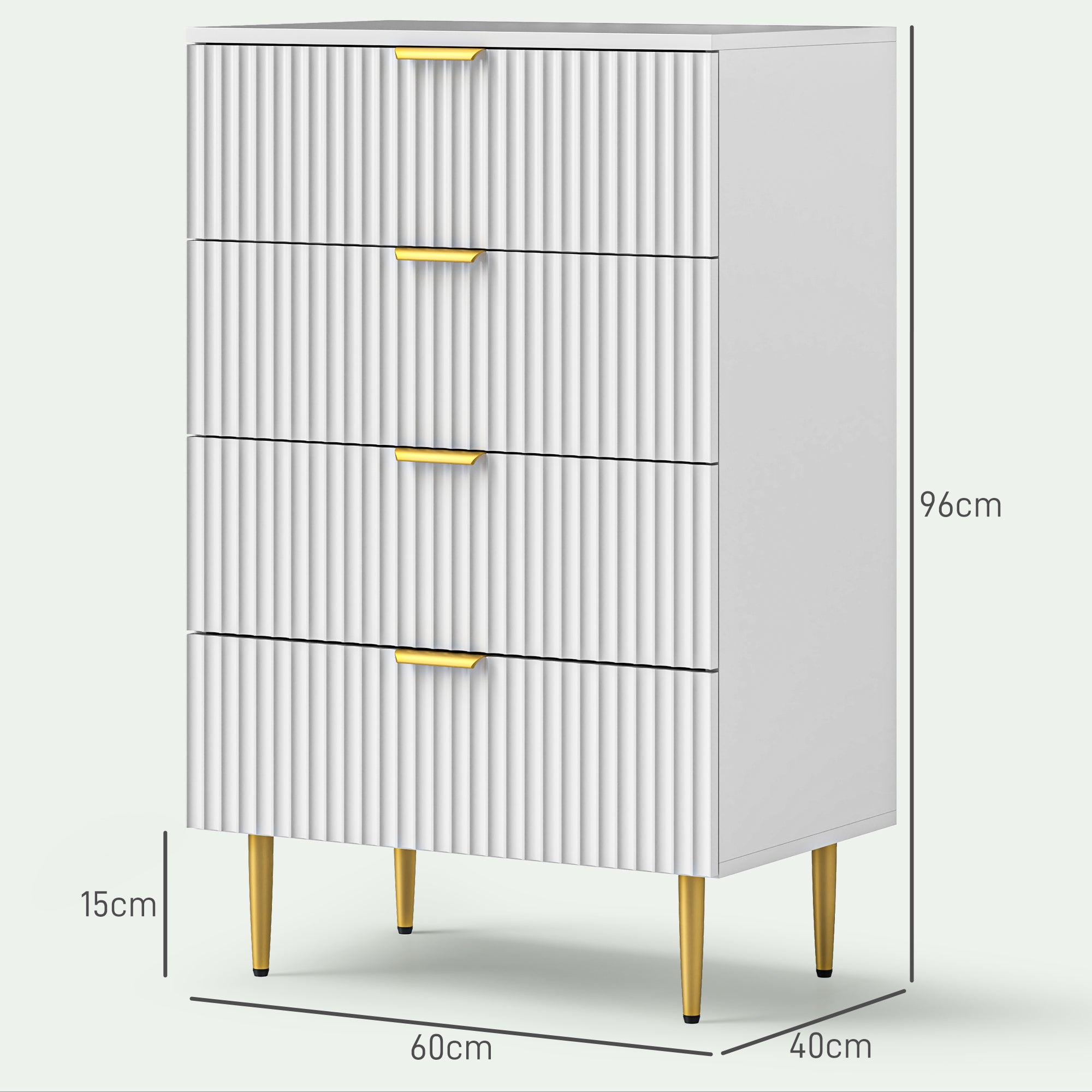 Chest of Drawers 4 Drawers Bedroom Chest Modern Storage Furniture with Handles and Golden Feet, for Bedroom, Living Room, Dimensions 60 x 40 x 96 cm, White