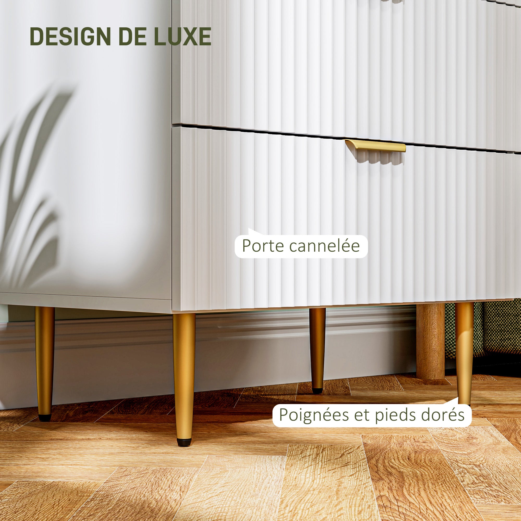 Chest of Drawers 4 Drawers Bedroom Chest Modern Storage Furniture with Handles and Golden Feet, for Bedroom, Living Room, Dimensions 60 x 40 x 96 cm, White