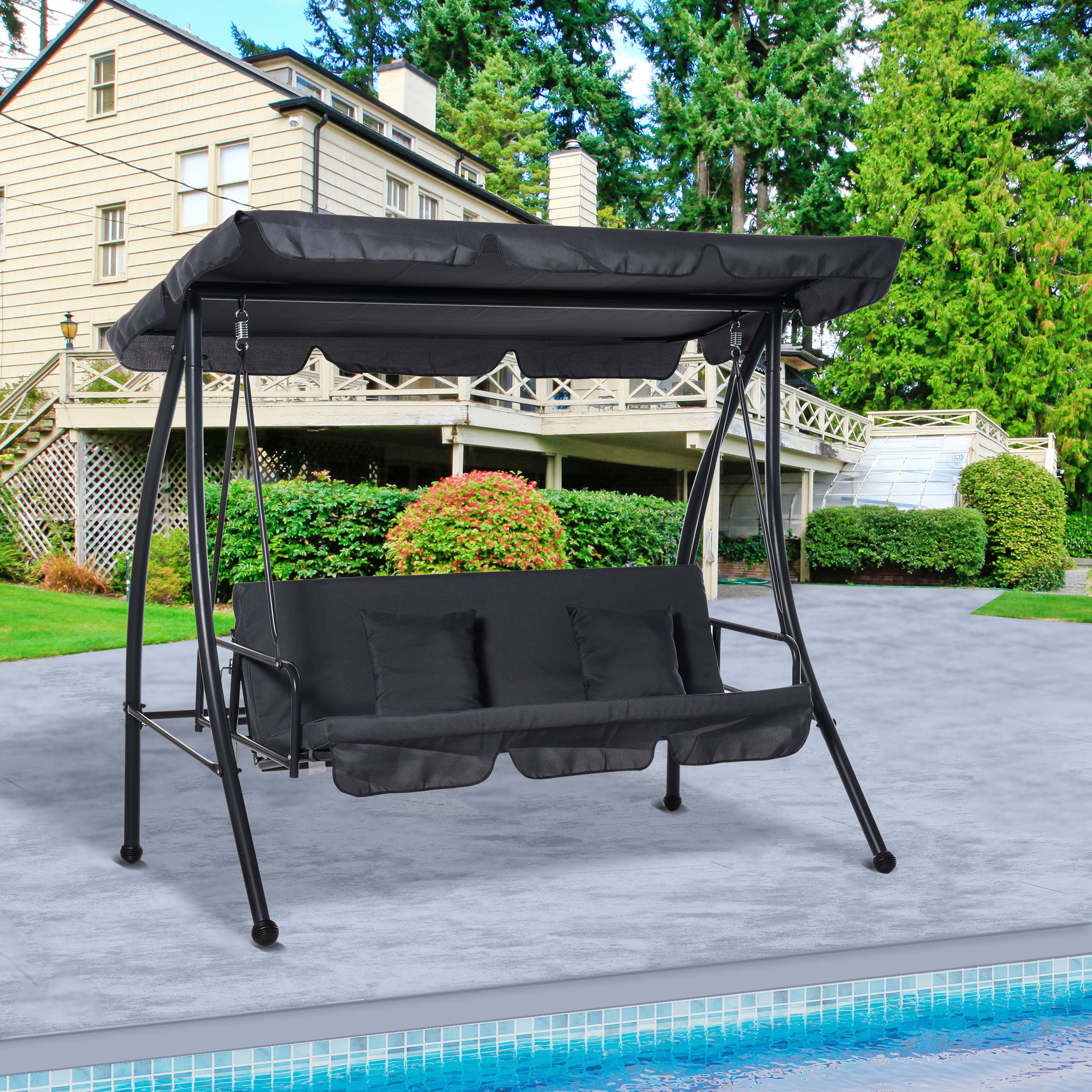3-Seater Convertible Garden Swing with Great Comfort Adjustable Canopy Provided Mattress 2L x 1.25W x 1.7H m Metal Black Anthracite Polyester
