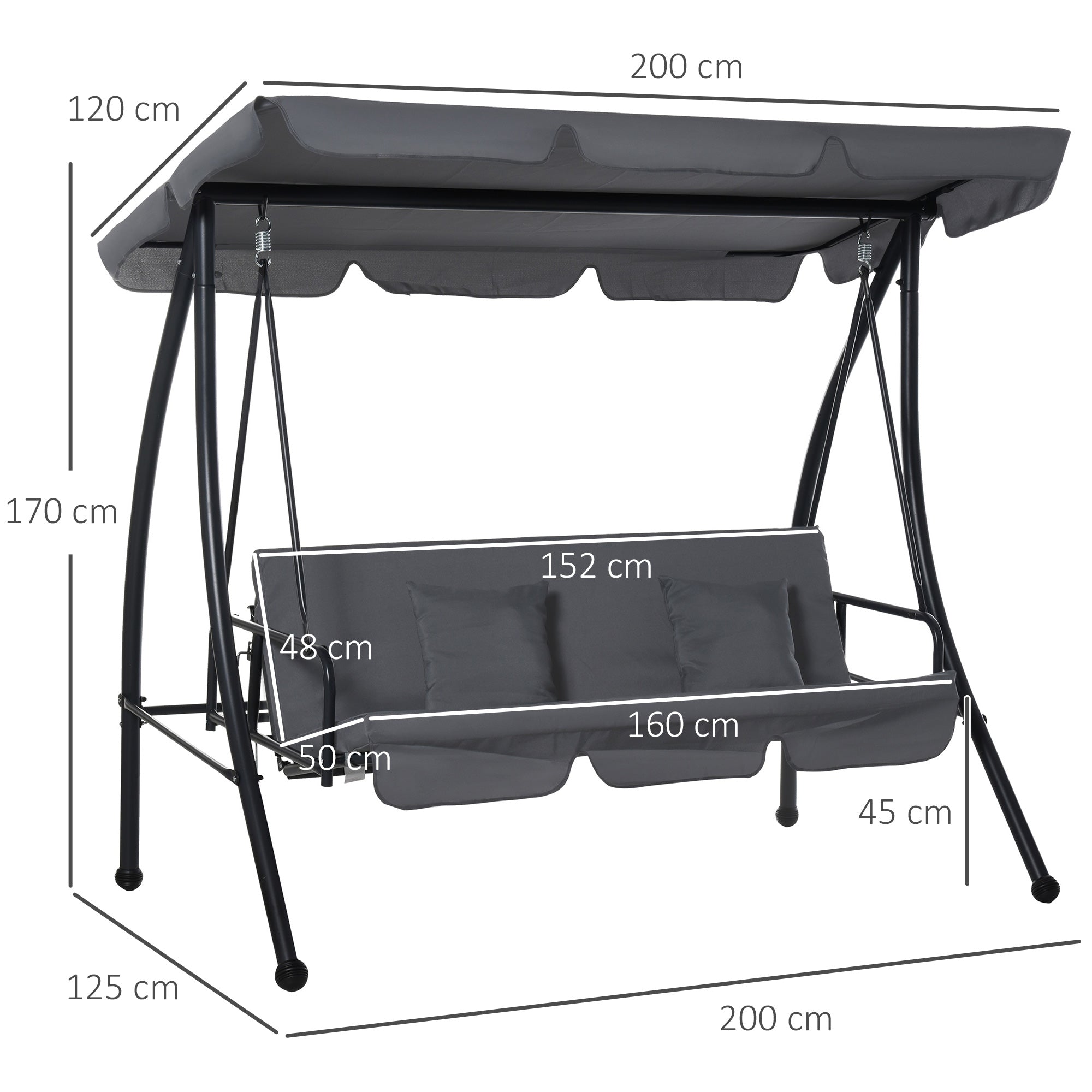 3-Seater Convertible Garden Swing with Great Comfort Adjustable Canopy Provided Mattress 2L x 1.25W x 1.7H m Metal Black Anthracite Polyester