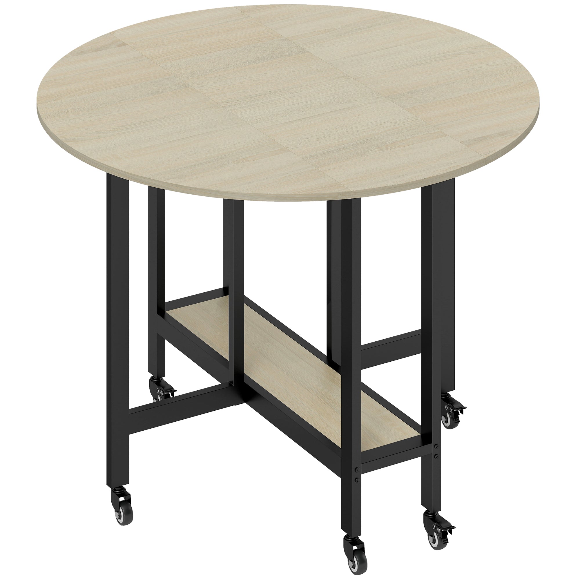 Foldable Dining Table with Shelf and Wheels, Round Space‑Saving Table for 2–4 People, Natural Wood Finish, 39.4" x 39.4" x 29.5"