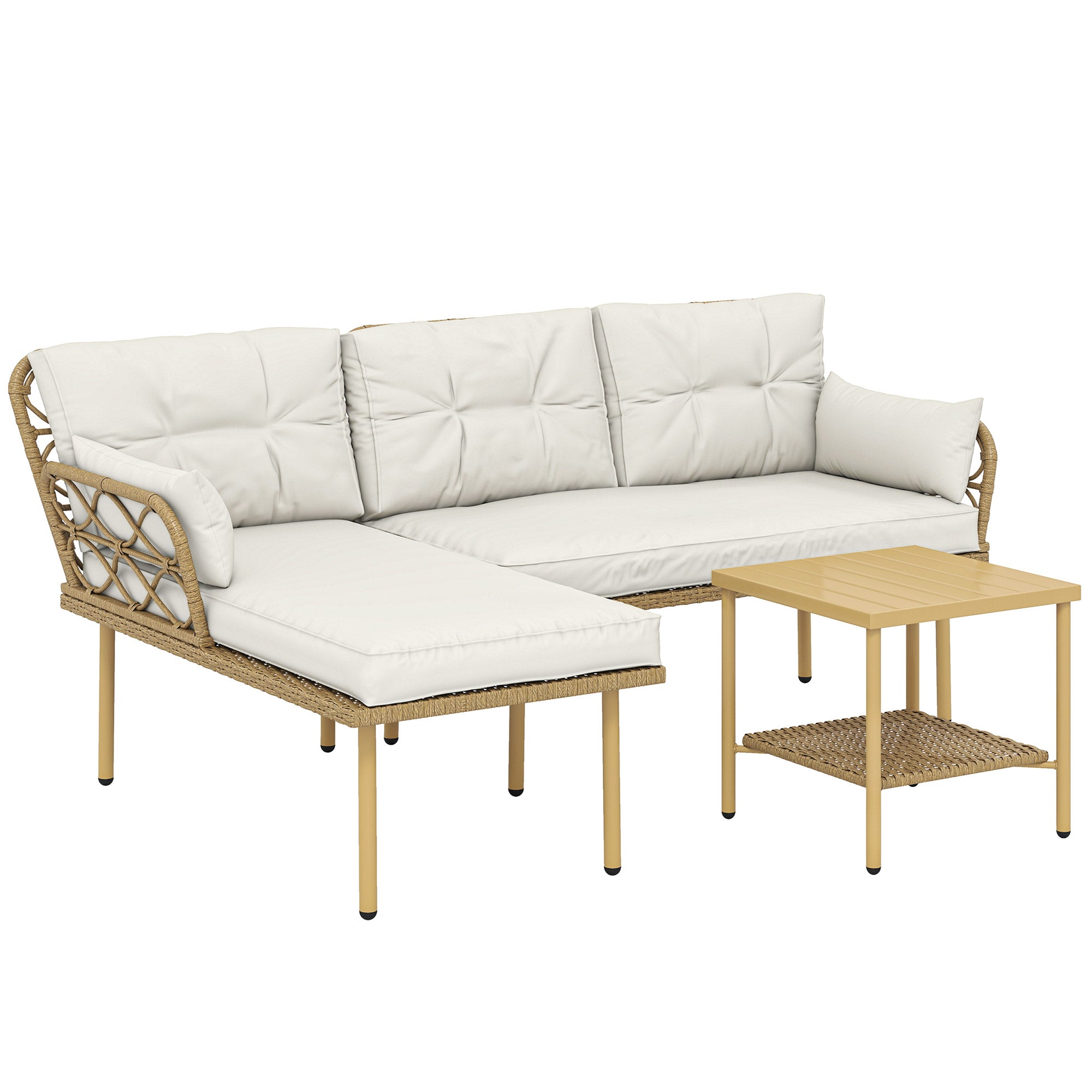 3-Piece PE Rattan Outdoor Patio Set — Chaise Lounge, 2-Seat Sofa & 2-Tier Metal Coffee Table with Cushions, UV-Resistant, Cream