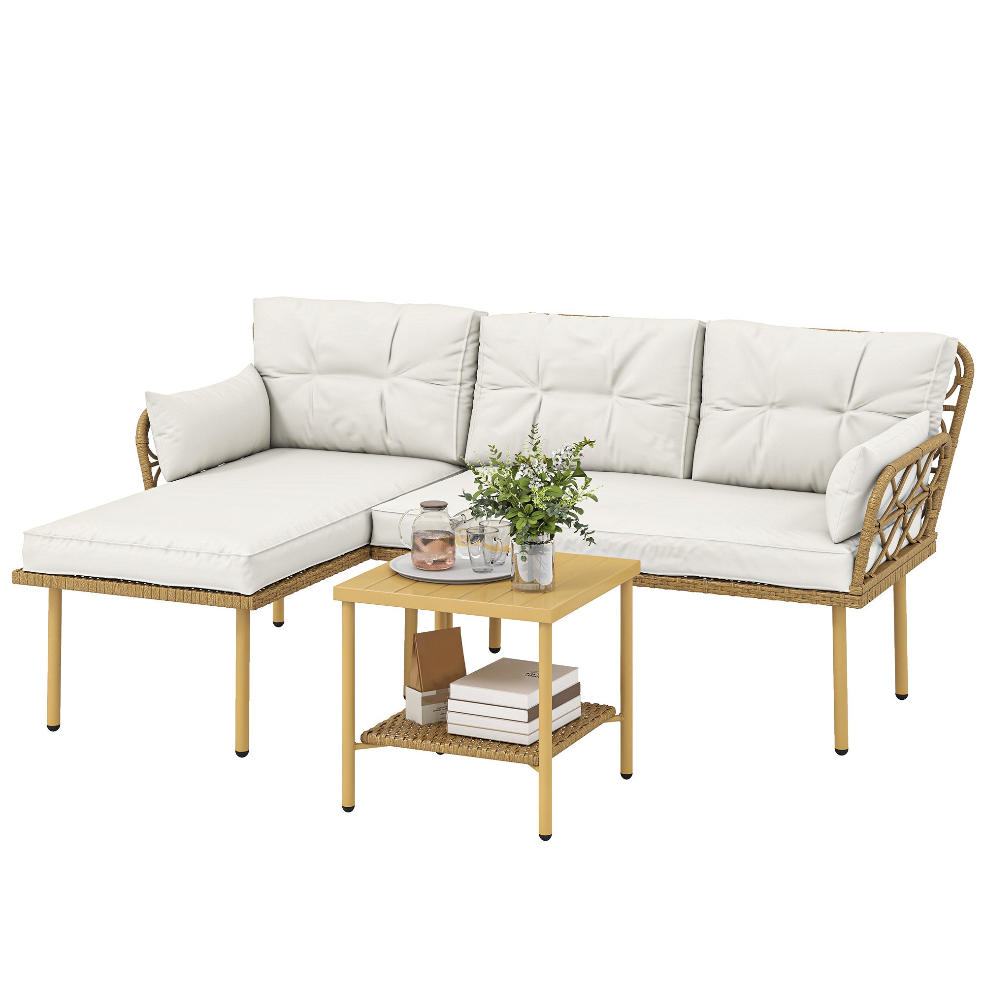 3-Piece PE Rattan Outdoor Patio Set — Chaise Lounge, 2-Seat Sofa & 2-Tier Metal Coffee Table with Cushions, UV-Resistant, Cream