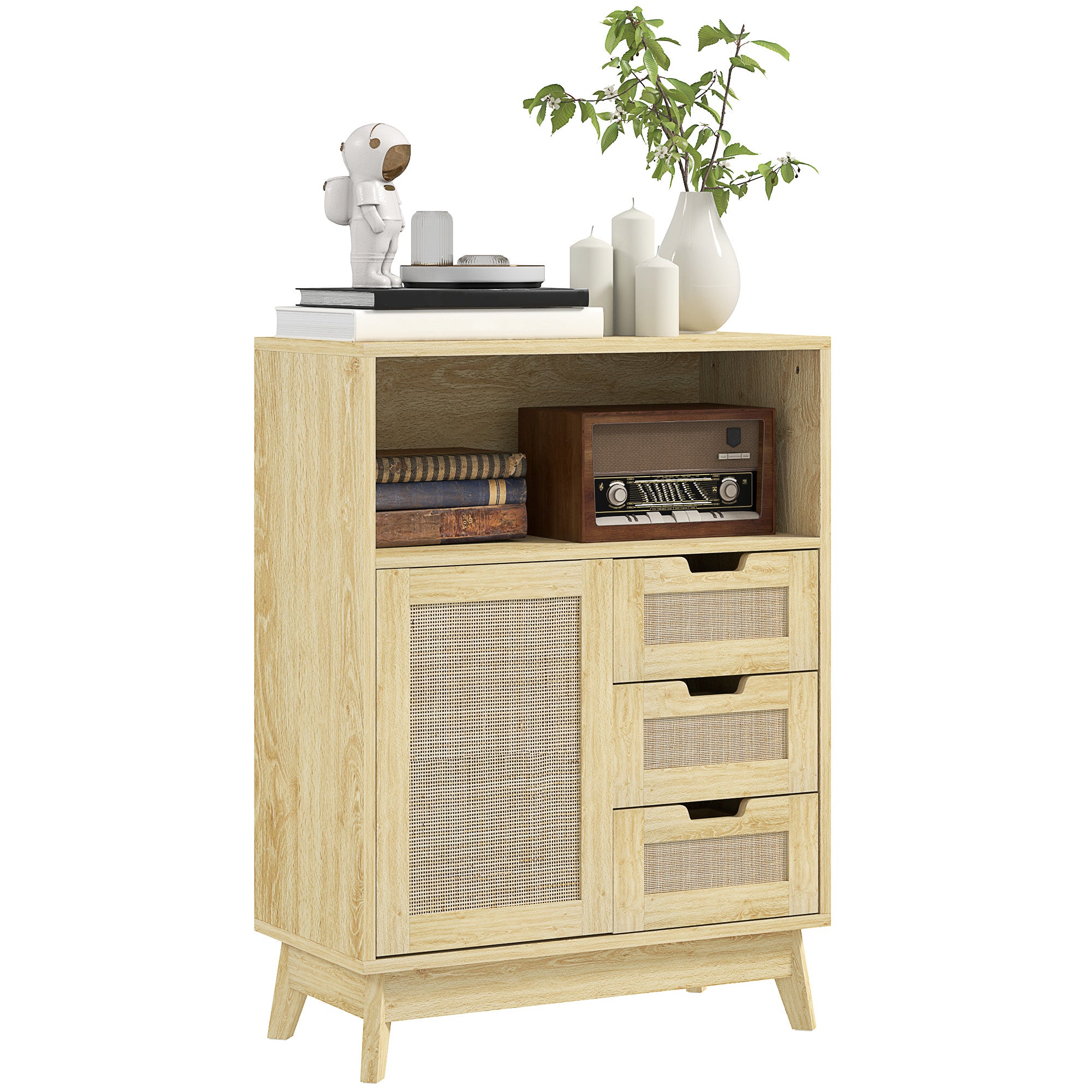 Buffet storage cabinet with 3 drawers cupboard adjustable shelf on three levels non-slip pads for living room, kitchen 60 x 30 x 81 cm natural wood