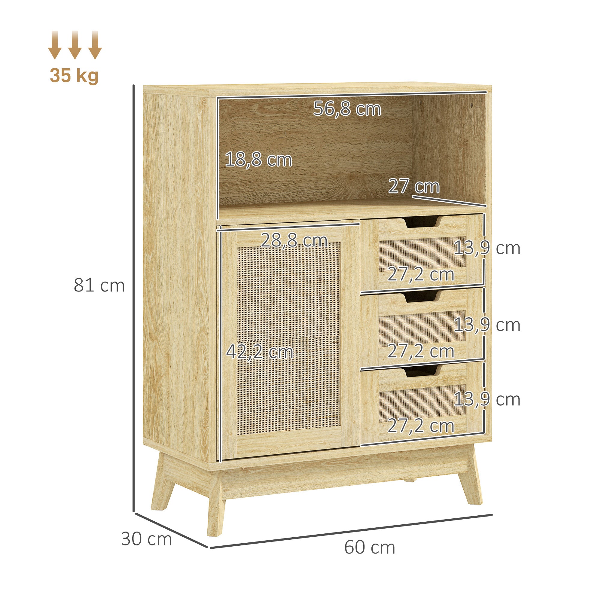 Buffet storage cabinet with 3 drawers cupboard adjustable shelf on three levels non-slip pads for living room, kitchen 60 x 30 x 81 cm natural wood