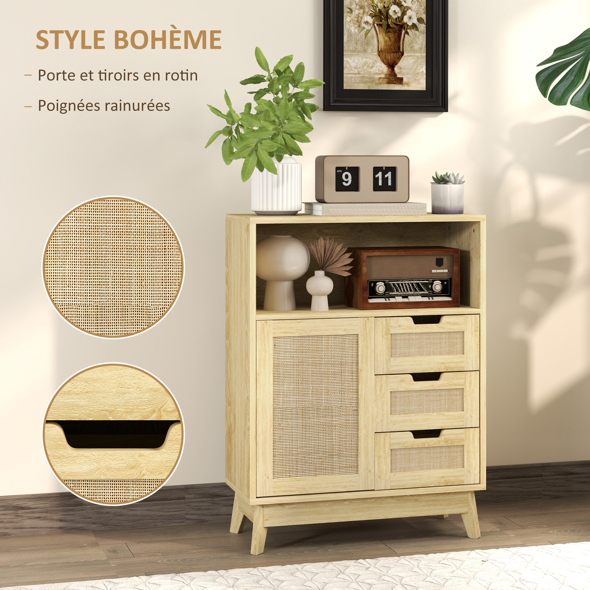 Buffet storage cabinet with 3 drawers cupboard adjustable shelf on three levels non-slip pads for living room, kitchen 60 x 30 x 81 cm natural wood