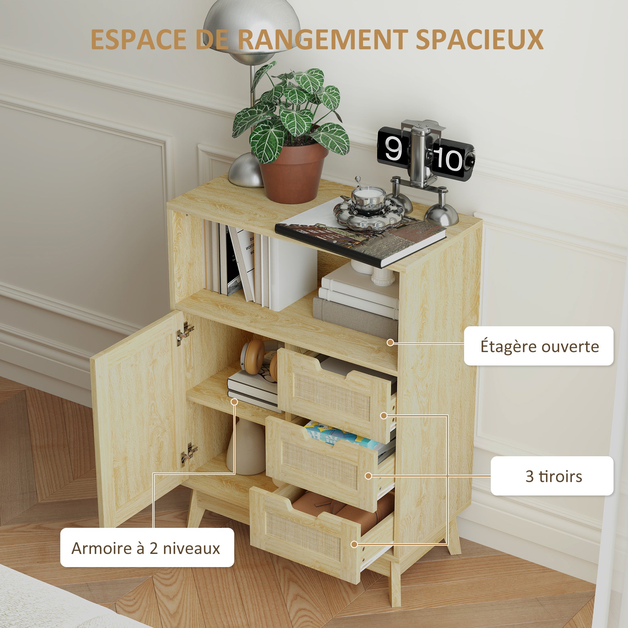 Buffet storage cabinet with 3 drawers cupboard adjustable shelf on three levels non-slip pads for living room, kitchen 60 x 30 x 81 cm natural wood