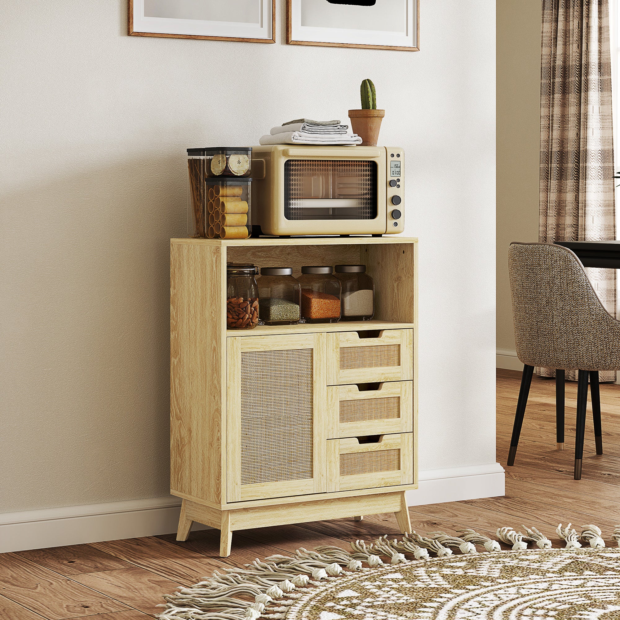 Buffet storage cabinet with 3 drawers cupboard adjustable shelf on three levels non-slip pads for living room, kitchen 60 x 30 x 81 cm natural wood