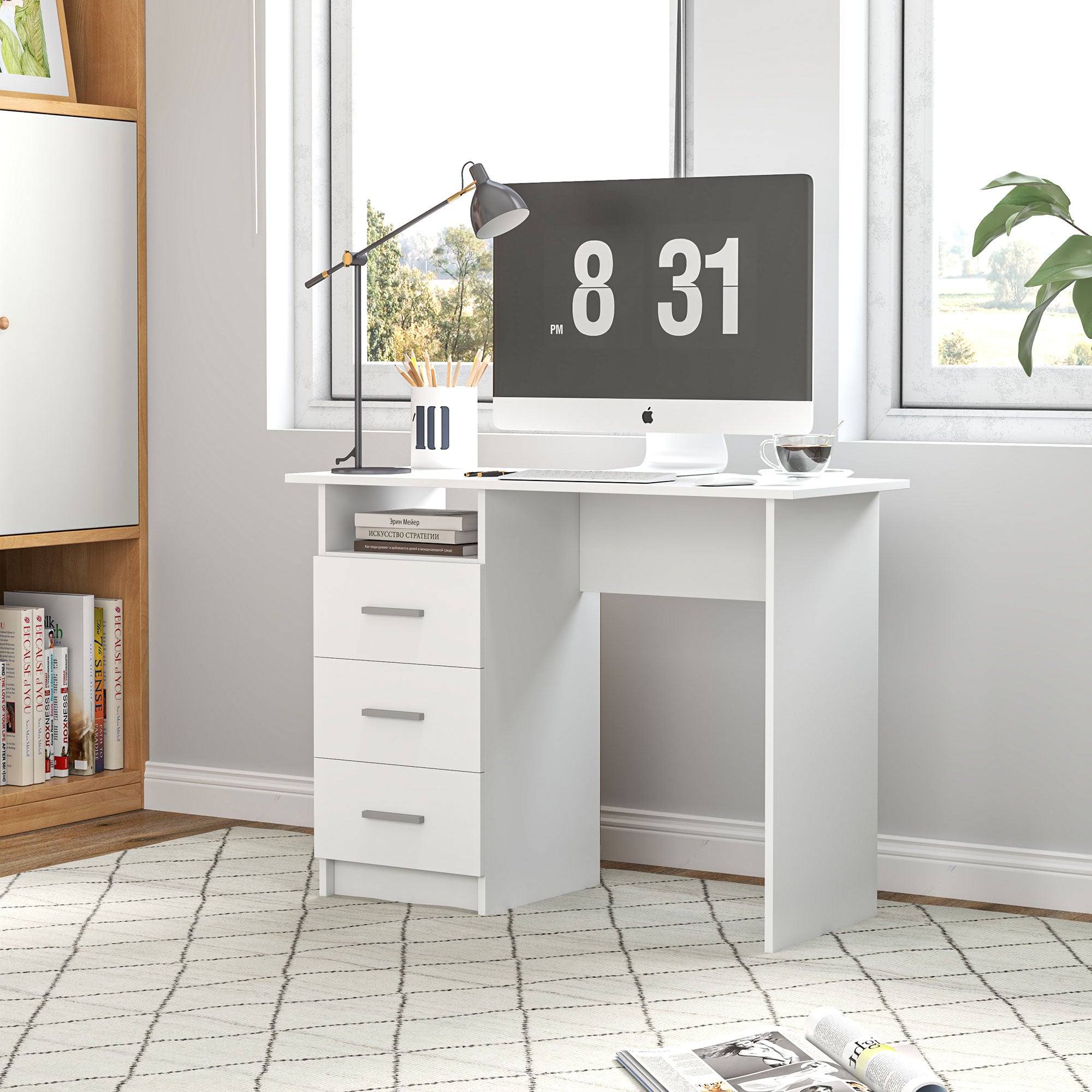 Modern Space-Saving Desk with 3 Drawers and Open Shelf, Wooden Desk with Drawers for Office, Study, and Bedroom, 100x40x75 cm, White