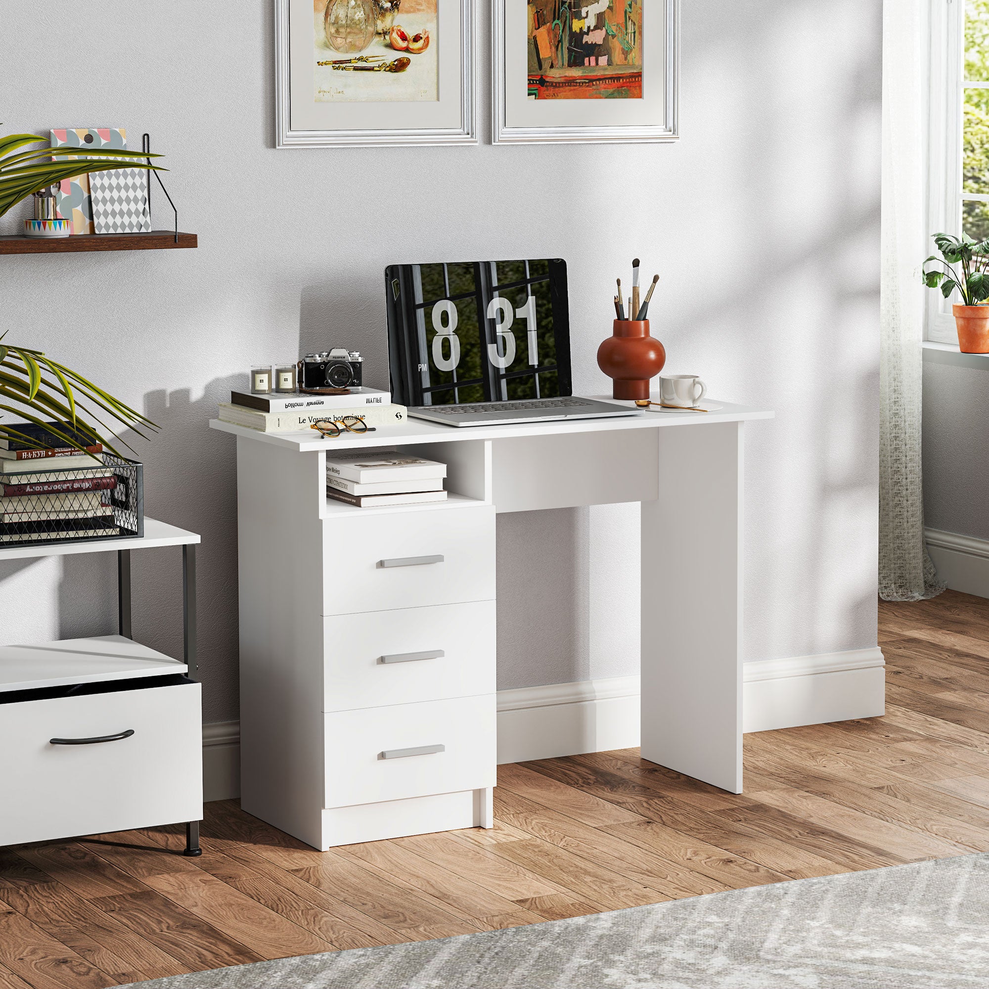 Modern Space-Saving Desk with 3 Drawers and Open Shelf, Wooden Desk with Drawers for Office, Study, and Bedroom, 100x40x75 cm, White