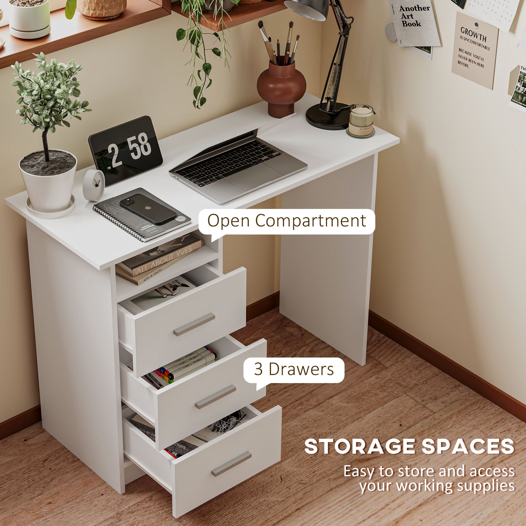 Modern Space-Saving Desk with 3 Drawers and Open Shelf, Wooden Desk with Drawers for Office, Study, and Bedroom, 100x40x75 cm, White