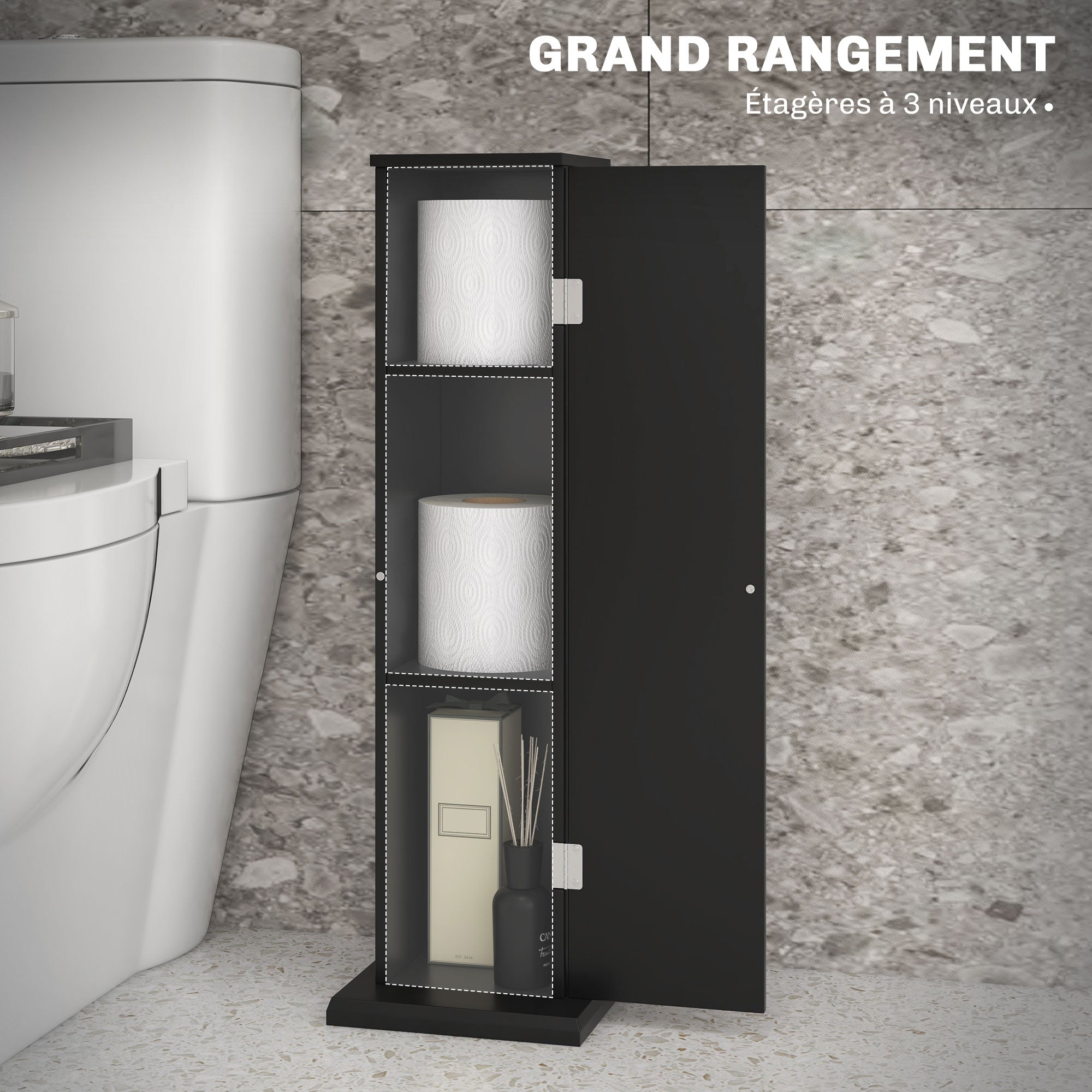 Bathroom Cabinet Toilet Paper Holder 3 Levels + Paper Outlet, Toilet Paper Stand, Space Saver, for Small Spaces, Black