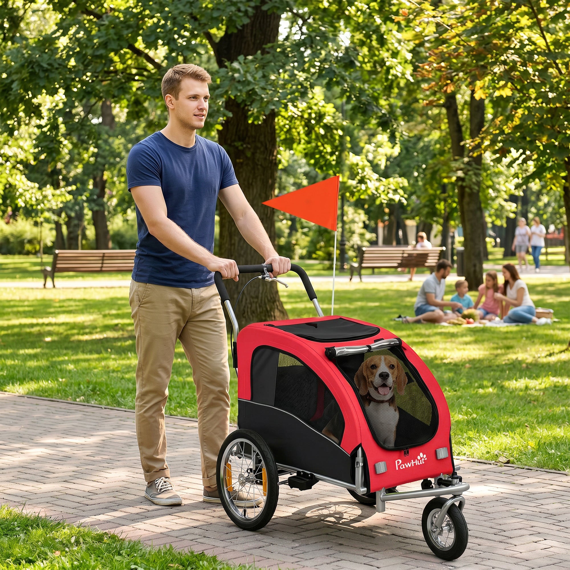 2-in-1 Dog Bike Trailer & Stroller for Medium Dogs with Suspension, Quick-Release Wheels, Reflectors, Large Mesh Windows, Hand Brake, Safety Flag — Red