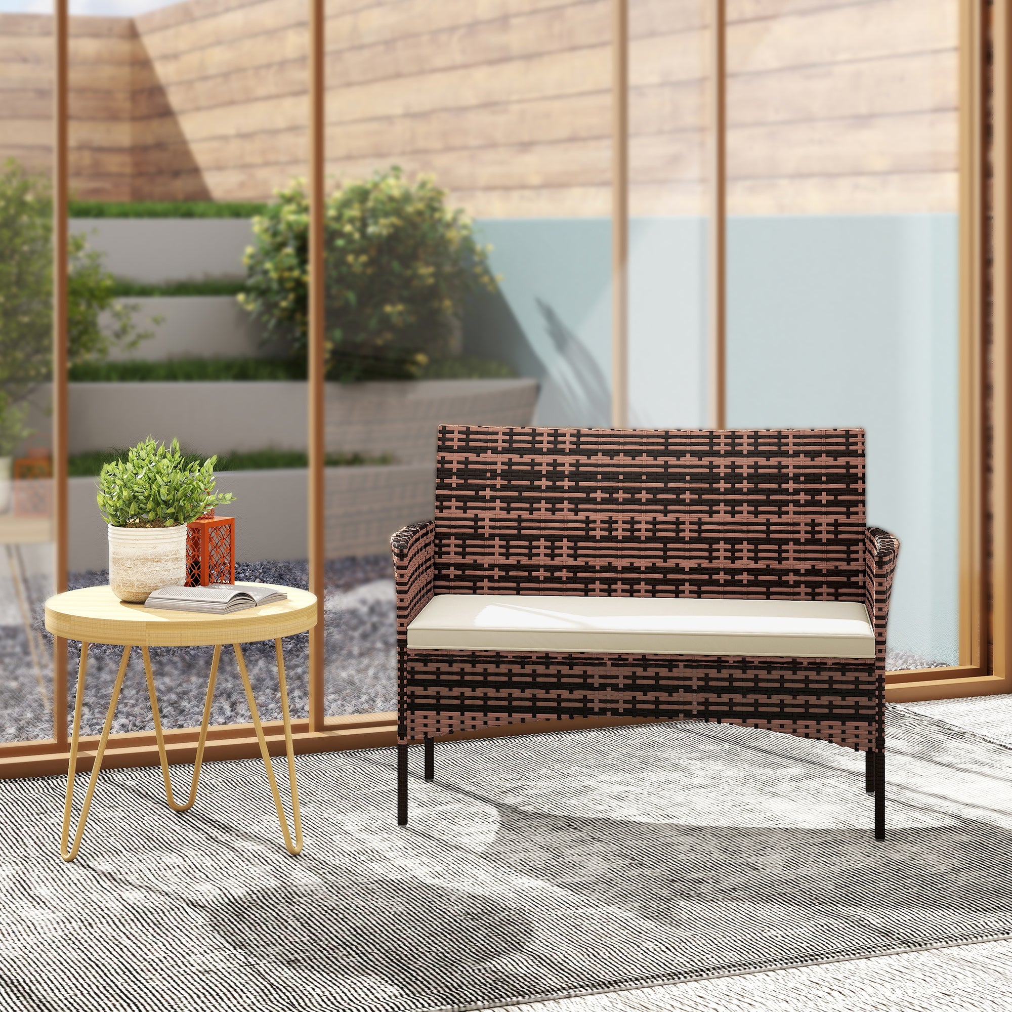 2‑Seater Rattan Garden Sofa with Cushions — Weather‑Resistant Outdoor Couch for Patio, Balcony, Khaki