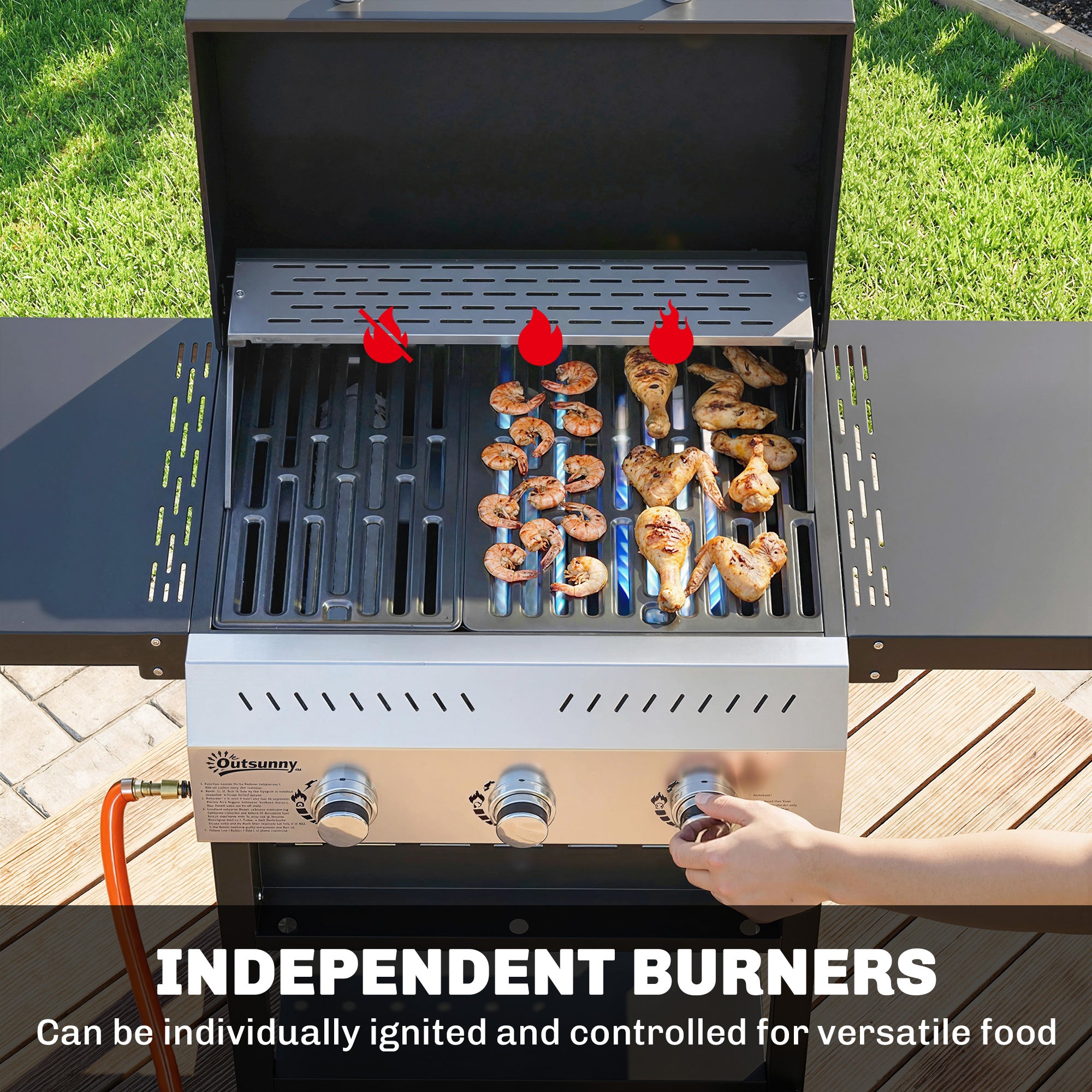 9 kW (≈30,700 BTU) 3-Burner Stainless Steel Gas Grill Cart — Foldable Side Shelves, Spice Rack, Warming Rack, Enamel Grates, Wheels