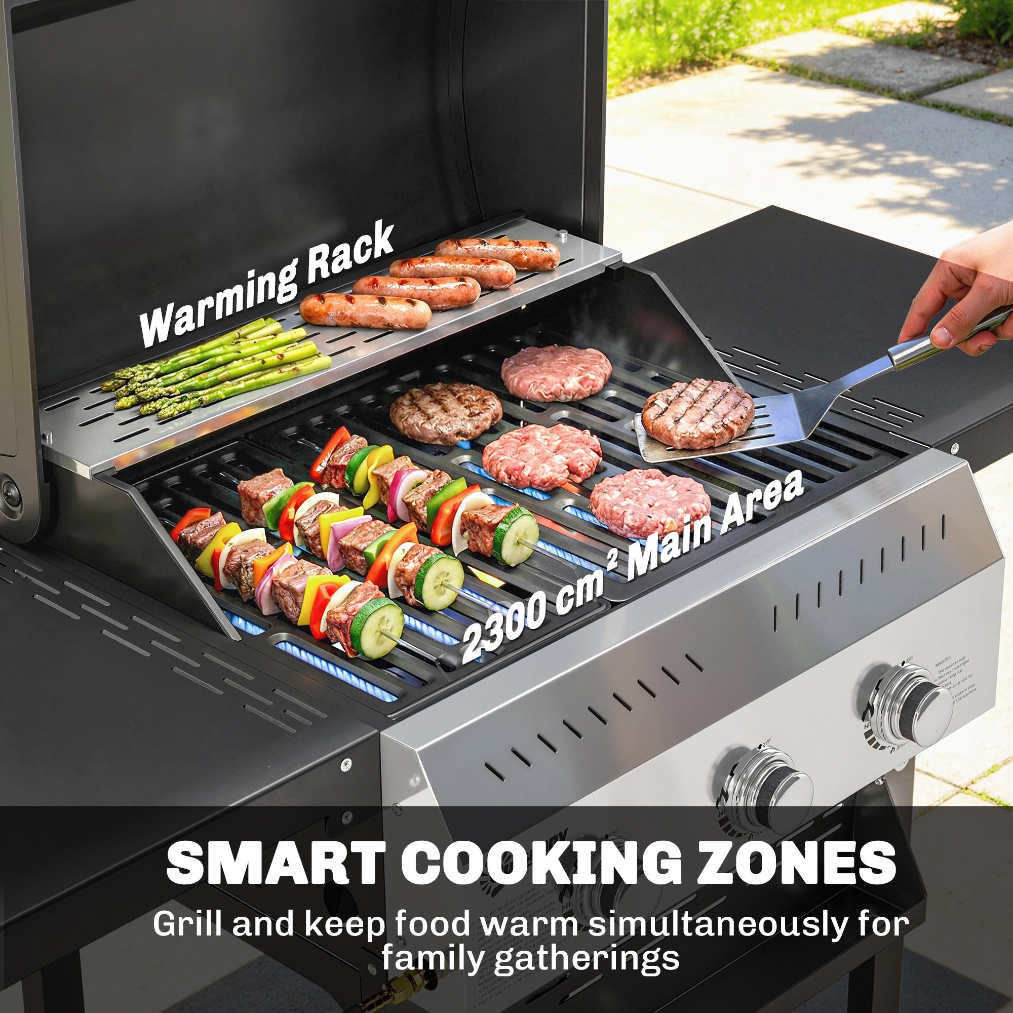 9 kW (≈30,700 BTU) 3-Burner Stainless Steel Gas Grill Cart — Foldable Side Shelves, Spice Rack, Warming Rack, Enamel Grates, Wheels