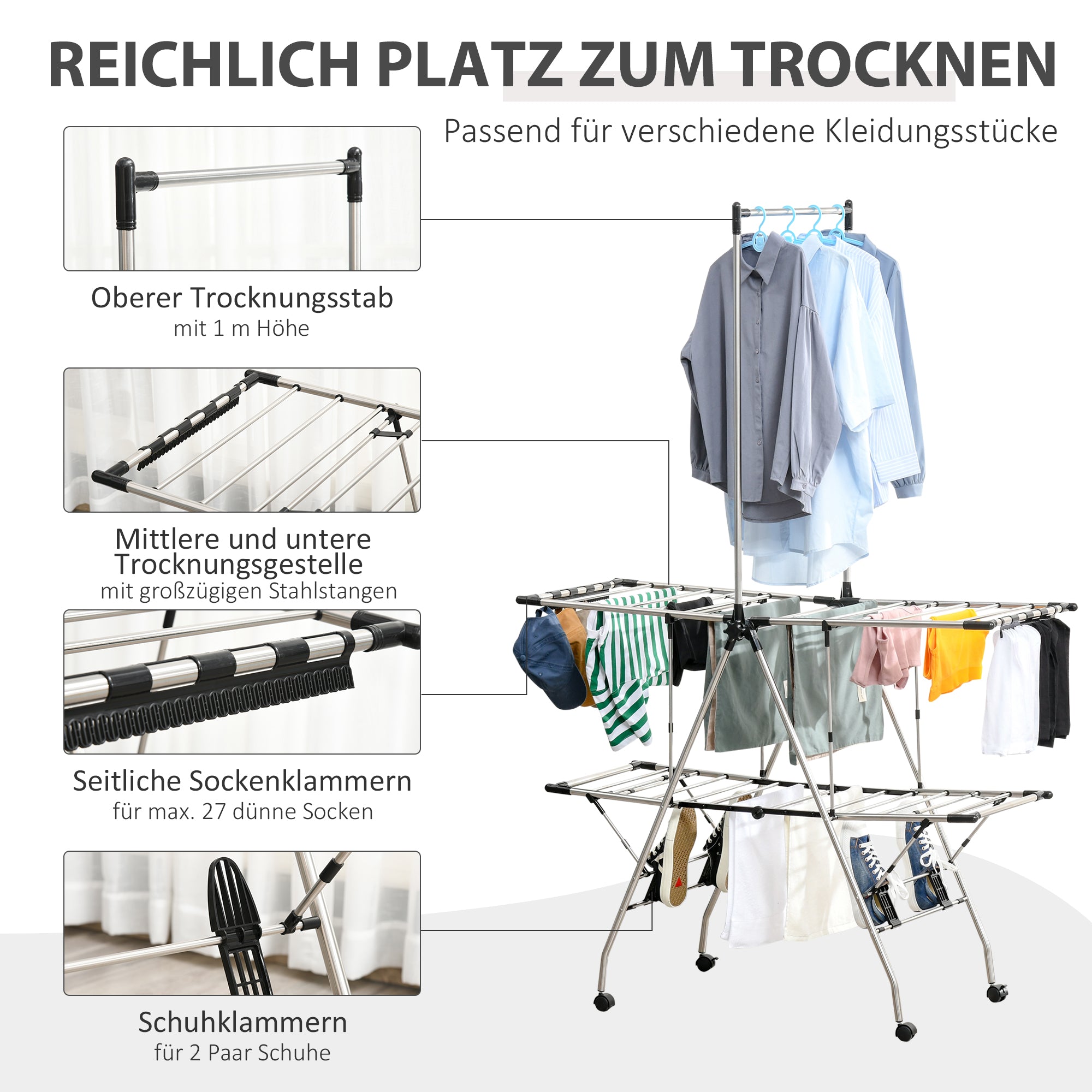 Clothes Drying Rack 1.385 m Drying Length Portable Clothes Stand with Telescopic Poles, Wheels, and Brakes Laundry Dryer Winged Clothes Rack for Indoor and Outdoor Use, Silver+Black