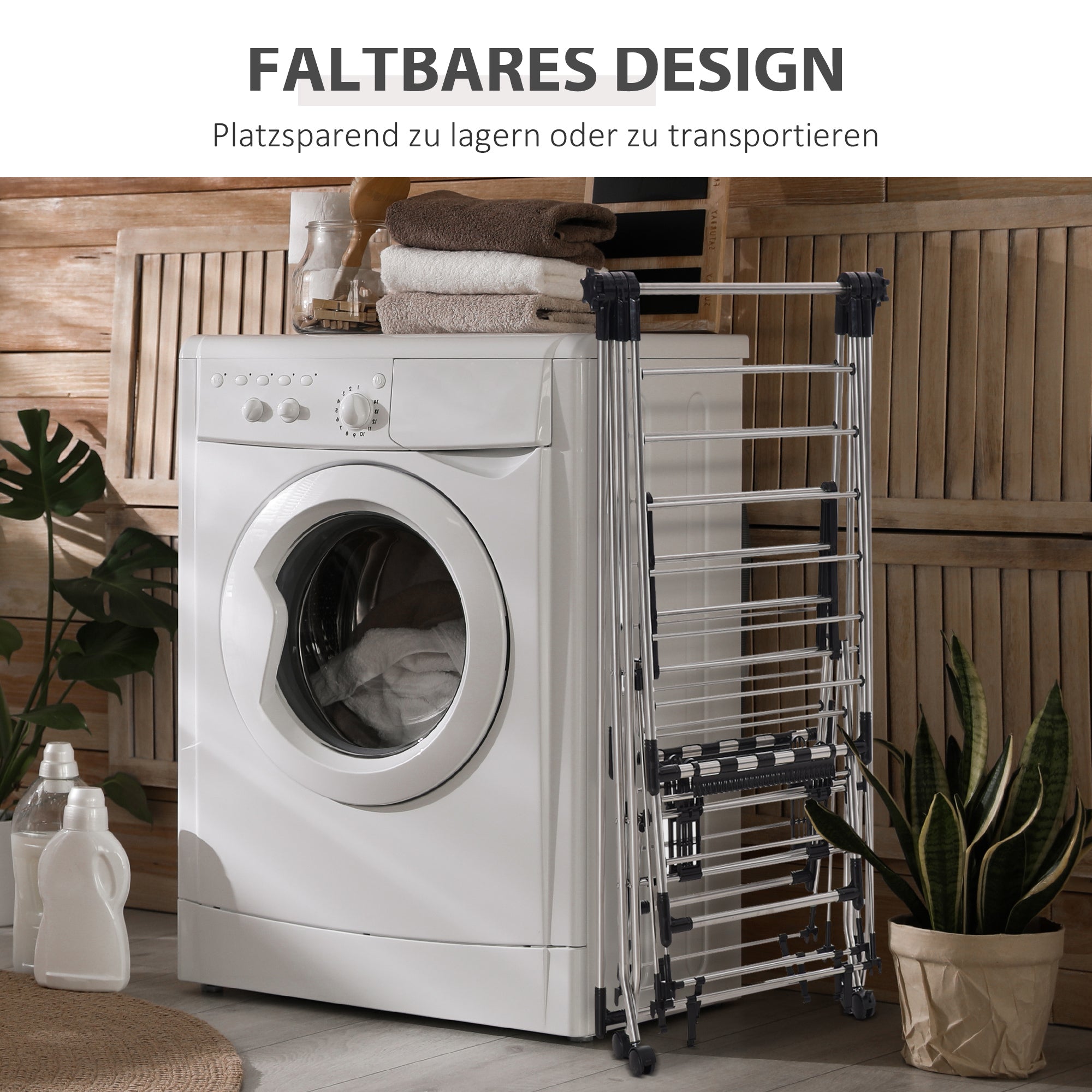 Clothes Drying Rack 1.385 m Drying Length Portable Clothes Stand with Telescopic Poles, Wheels, and Brakes Laundry Dryer Winged Clothes Rack for Indoor and Outdoor Use, Silver+Black