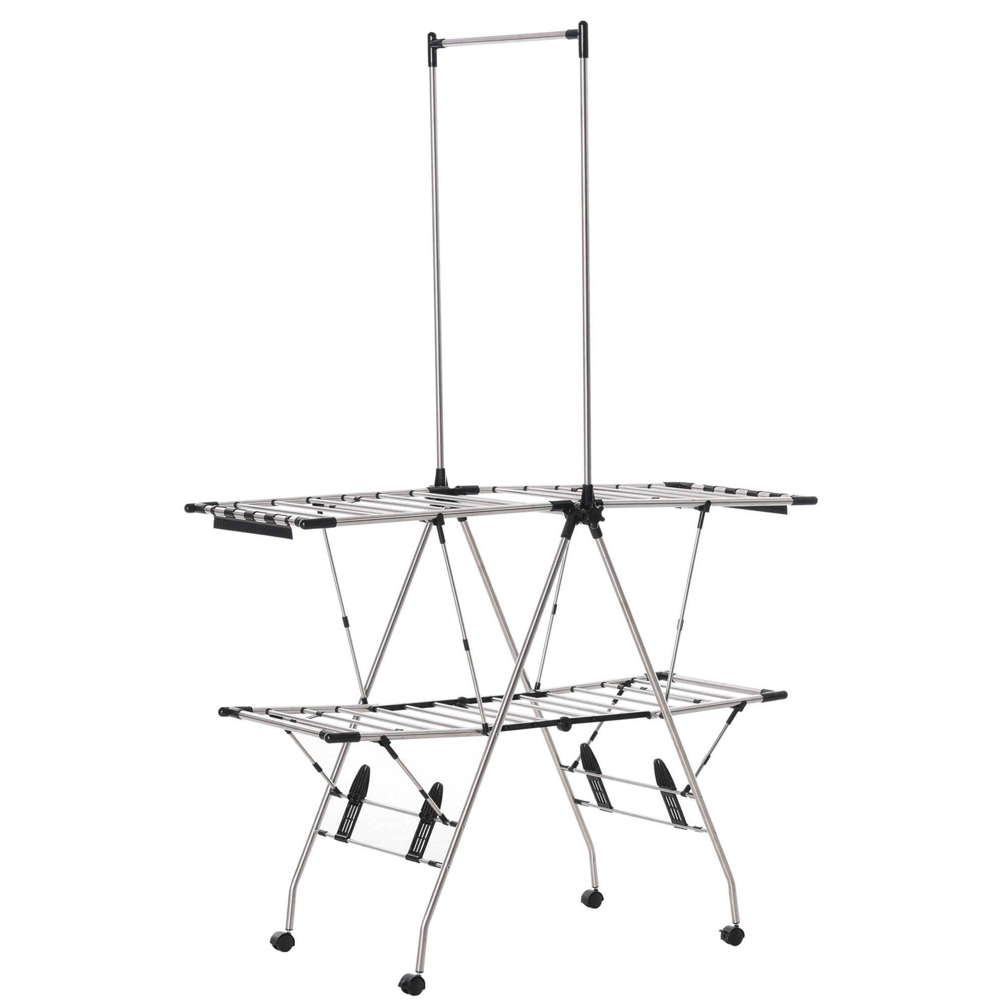 Clothes Drying Rack 1.385 m Drying Length Portable Clothes Stand with Telescopic Poles, Wheels, and Brakes Laundry Dryer Winged Clothes Rack for Indoor and Outdoor Use, Silver+Black