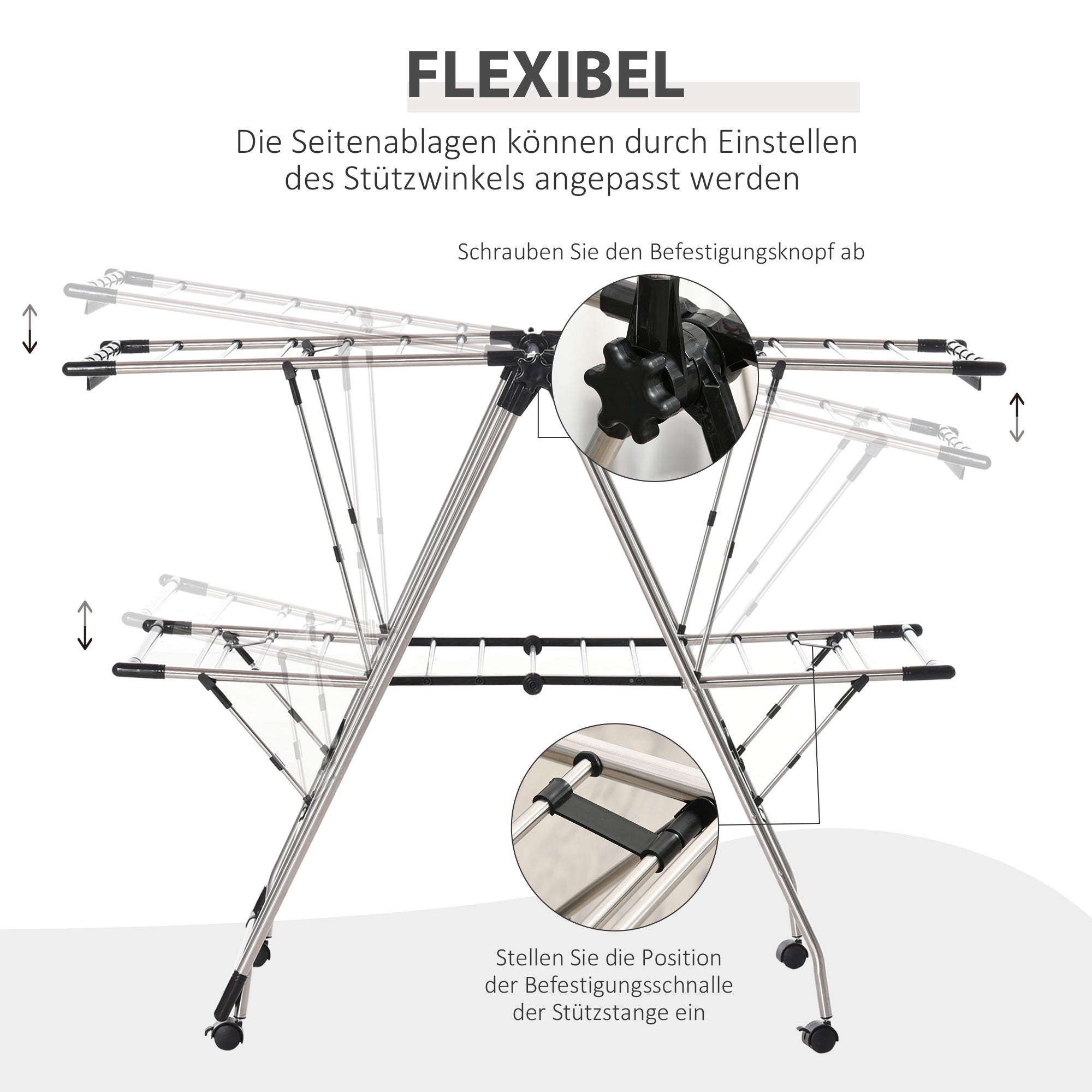 Clothes Drying Rack 1.385 m Drying Length Portable Clothes Stand with Telescopic Poles, Wheels, and Brakes Laundry Dryer Winged Clothes Rack for Indoor and Outdoor Use, Silver+Black