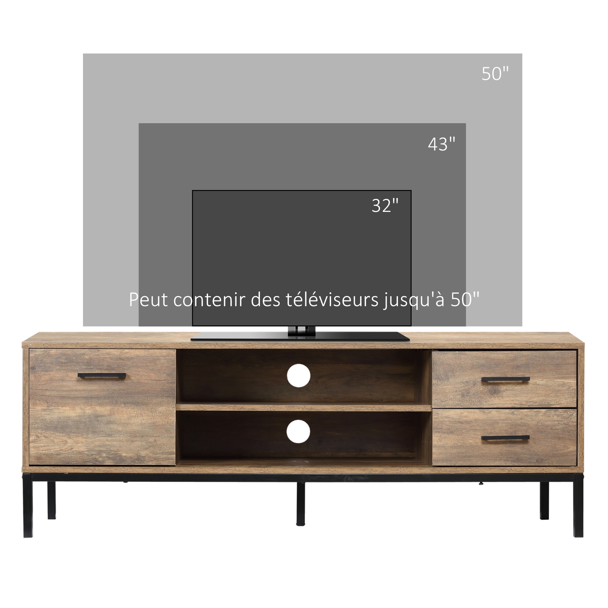 TV Stand Wooden TV Cabinet for TVs up to 50 Inches with 2 Drawers 2 Shelves Cable Management for Living Room Dining Room Bedroom, 132 x 39 x 45.5 cm Brown Black