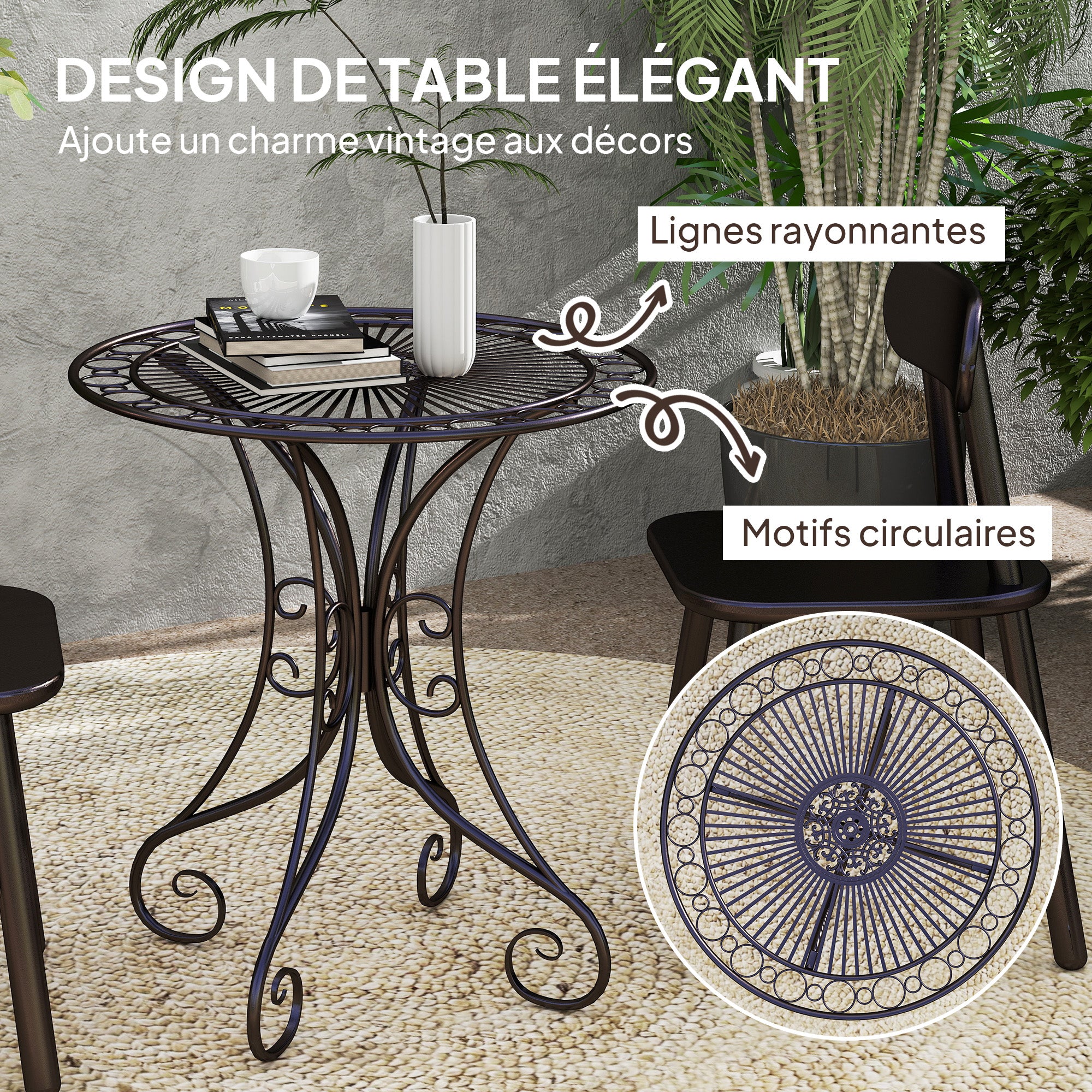 Round Garden Table Ø 85 cm, Metal Frame Terrace Table, 50 kg Load Capacity, for Indoor and Outdoor Use, for Balcony, Porch, Brown