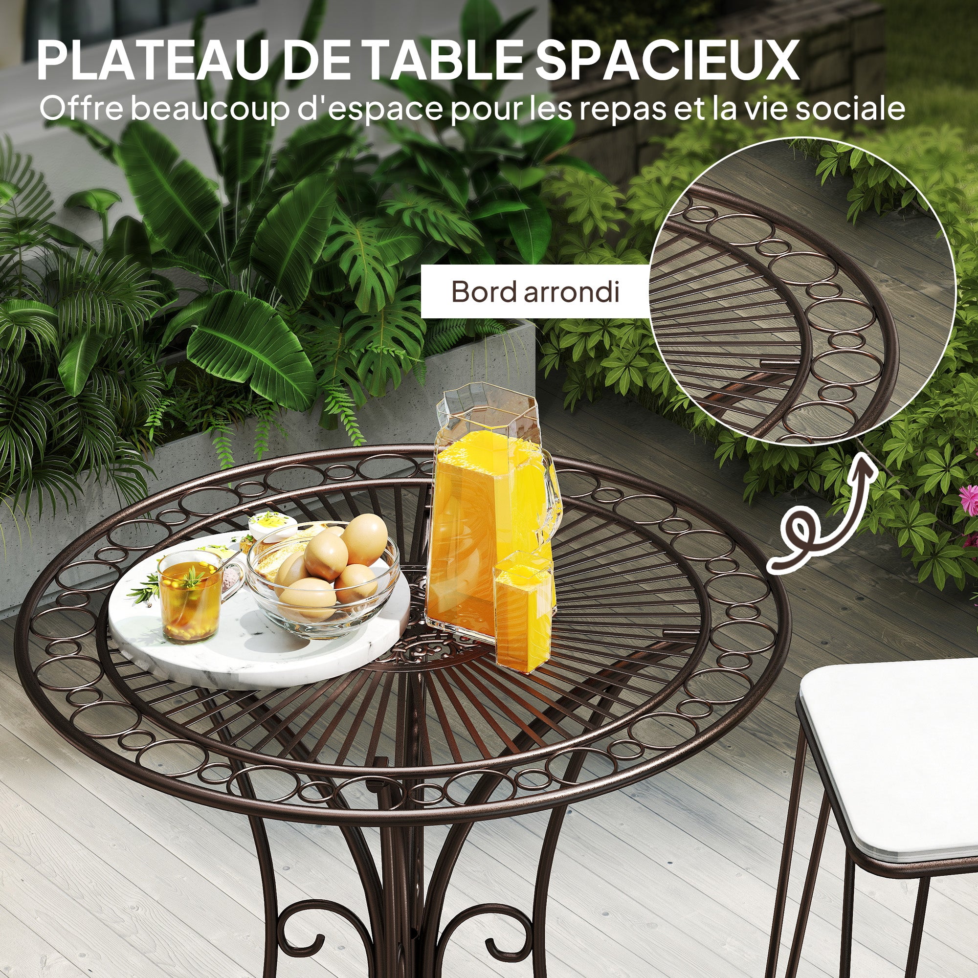 Round Garden Table Ø 85 cm, Metal Frame Terrace Table, 50 kg Load Capacity, for Indoor and Outdoor Use, for Balcony, Porch, Brown