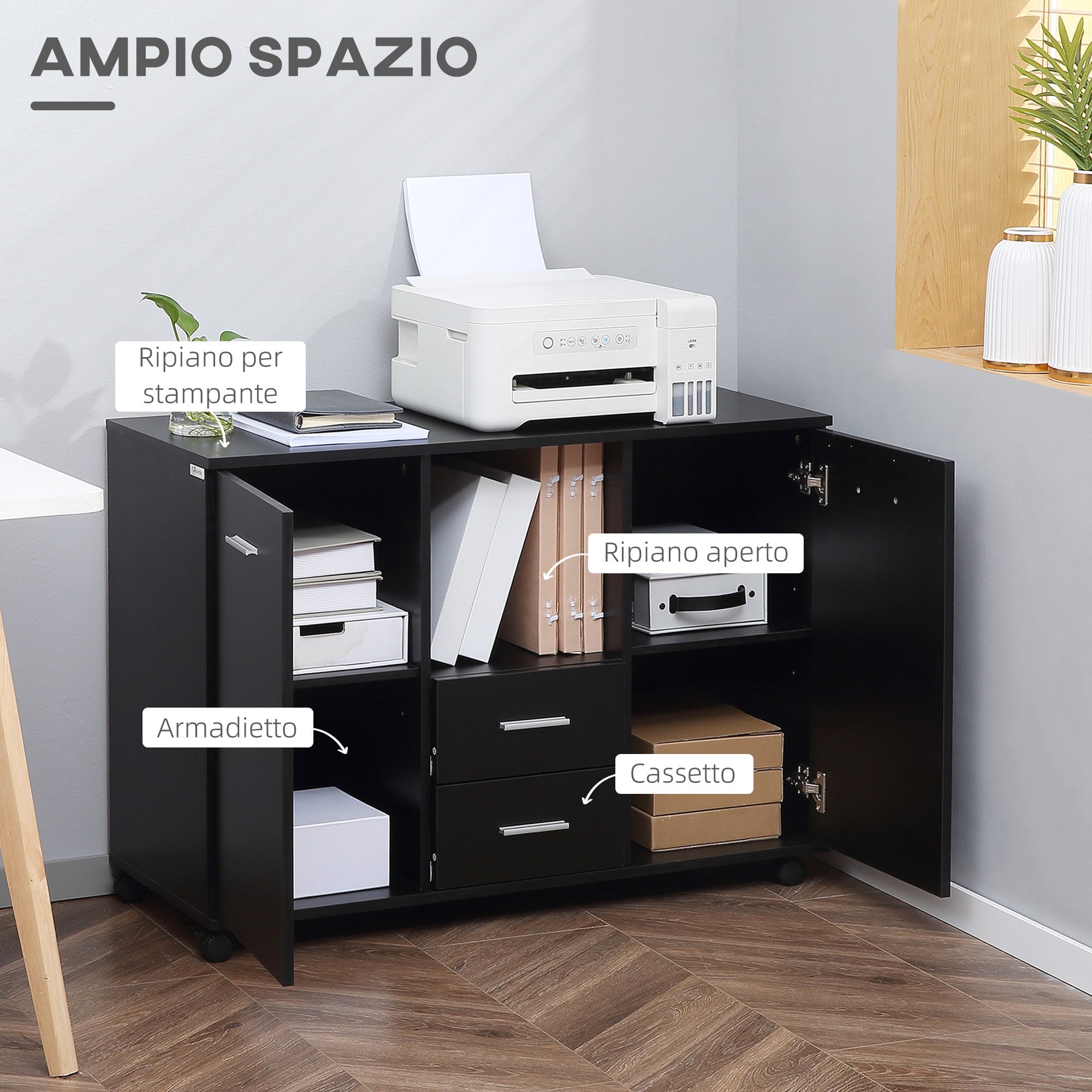Multifunctional Office Cabinet with 360° Wheels, for Printers and Files, in Black Wood 100x40x71cm