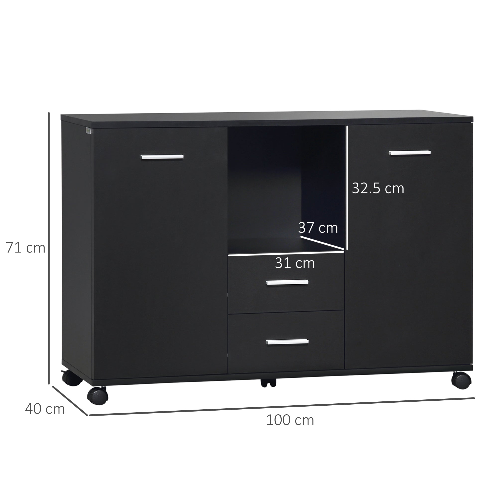 Multifunctional Office Cabinet with 360° Wheels, for Printers and Files, in Black Wood 100x40x71cm