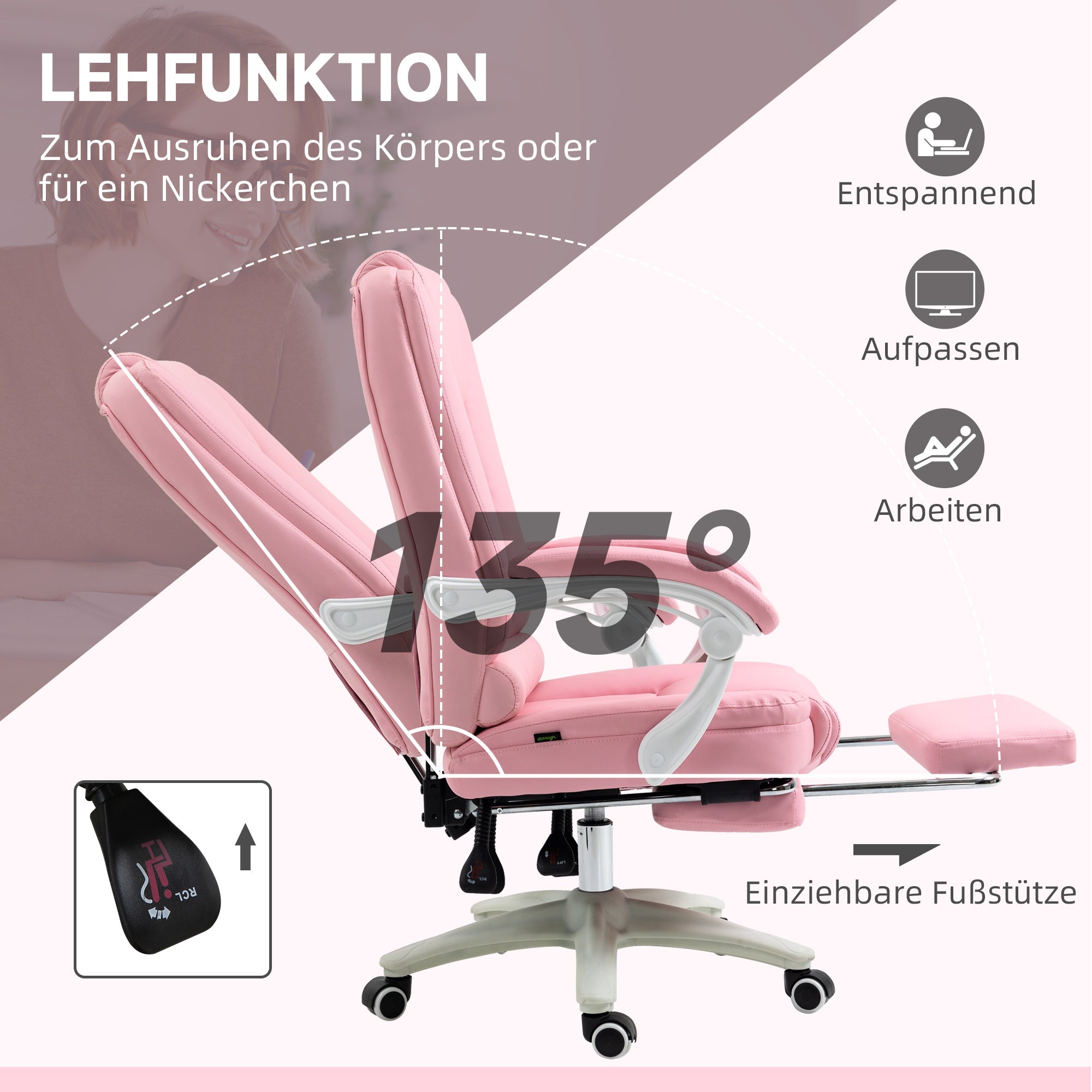 Office Chair Executive Chair with Footrest, Reclining Desk Chair with Wheels, Height Adjustable Swivel Chair, Computer Chair for Office, Faux Leather, Pink