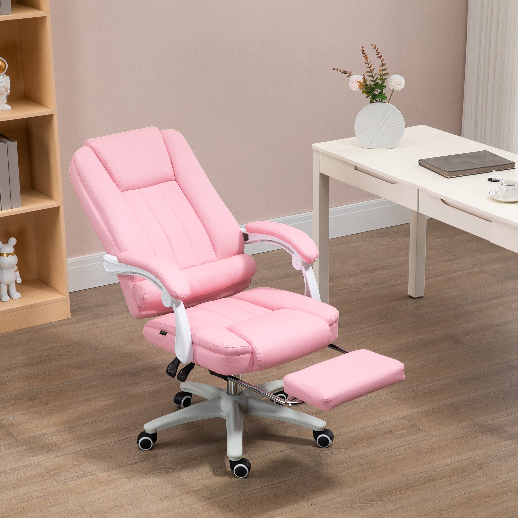 Office Chair Executive Chair with Footrest, Reclining Desk Chair with Wheels, Height Adjustable Swivel Chair, Computer Chair for Office, Faux Leather, Pink