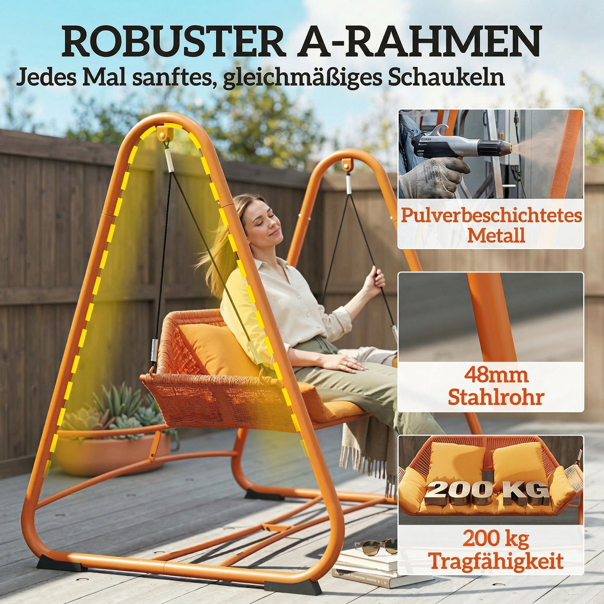 Terracotta 2-Person Hollywood Swing with Cushions — Metal A-Frame Hanging Lounger for Garden, Patio & Balcony (68.5 x 47.2 x 63.8 in)